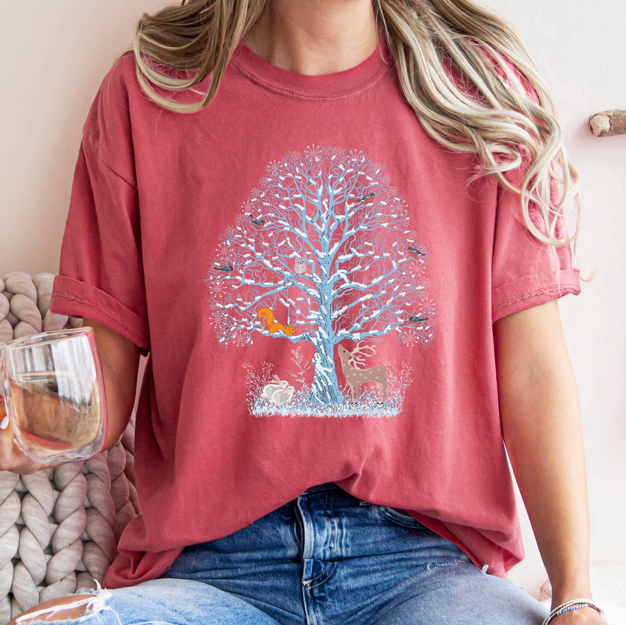Winter Tree Filled With Animals, Christmas, Deer, Owl Illustration Comfort Colors Tee