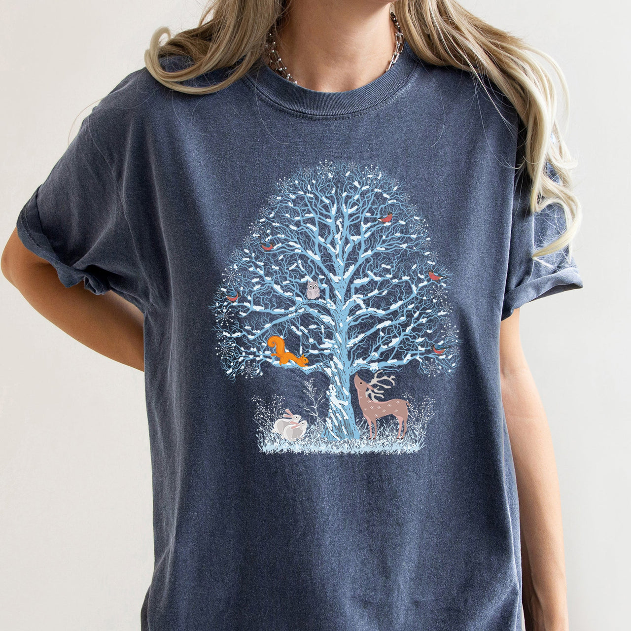 Winter Tree Filled With Animals, Christmas, Deer, Owl Illustration Comfort Colors Tee