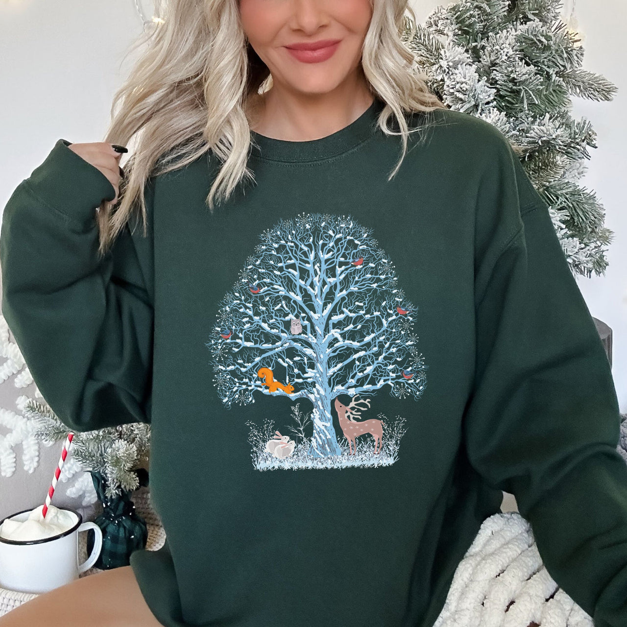 Winter Tree Filled With Animals Christmas Wildlife Woodland Scene Cozy Sweatshirt