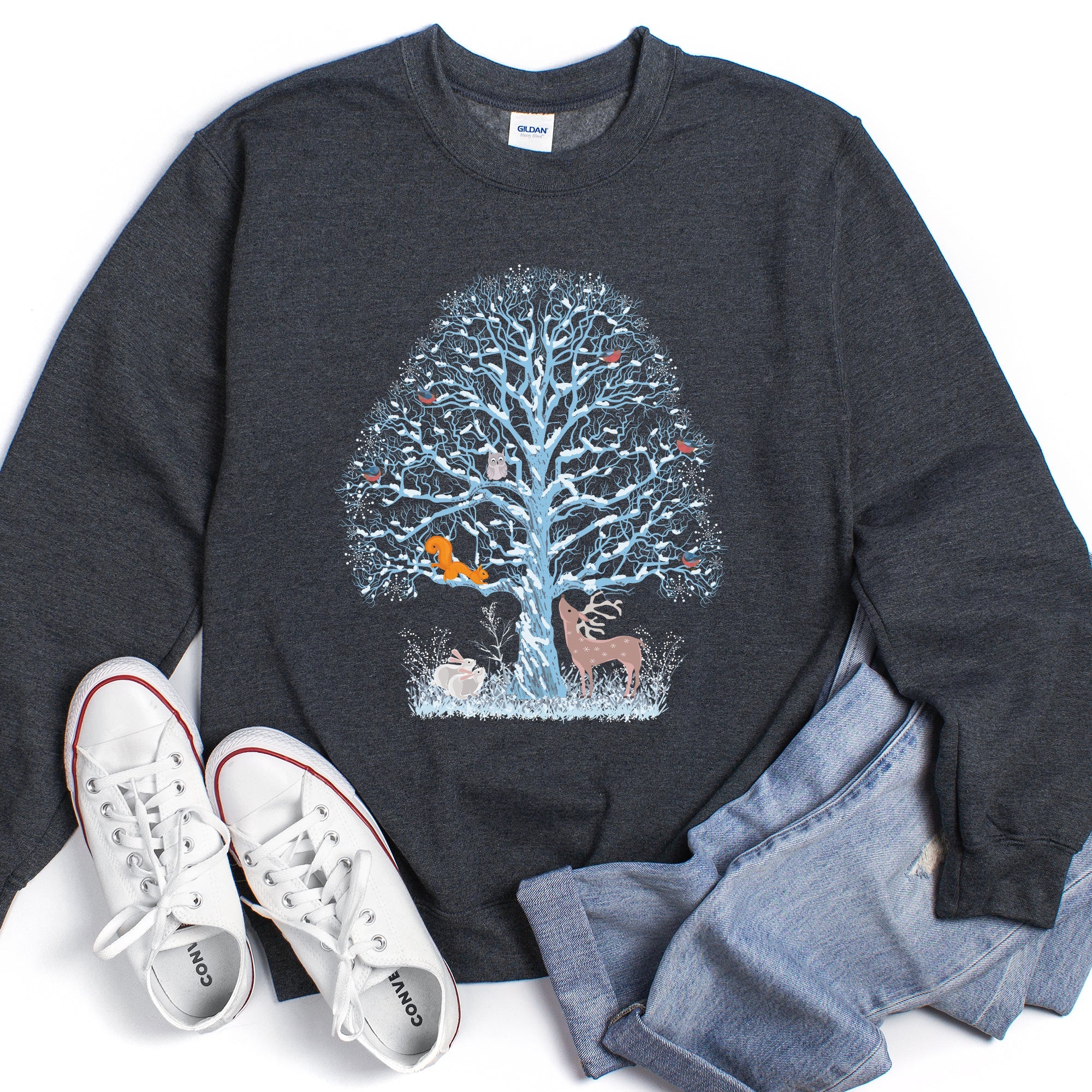 Winter Tree Filled With Animals Christmas Wildlife Woodland Scene Cozy Sweatshirt