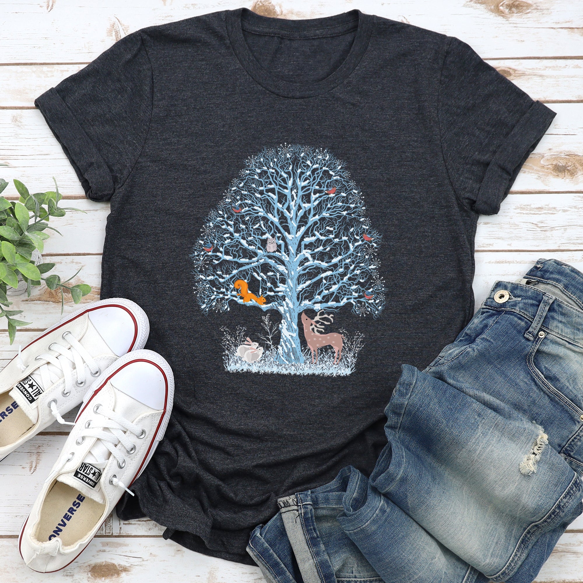 Winter Tree Filled With Animals Christmas Deer Owl Forest Wildlife Edition Graphic Tee