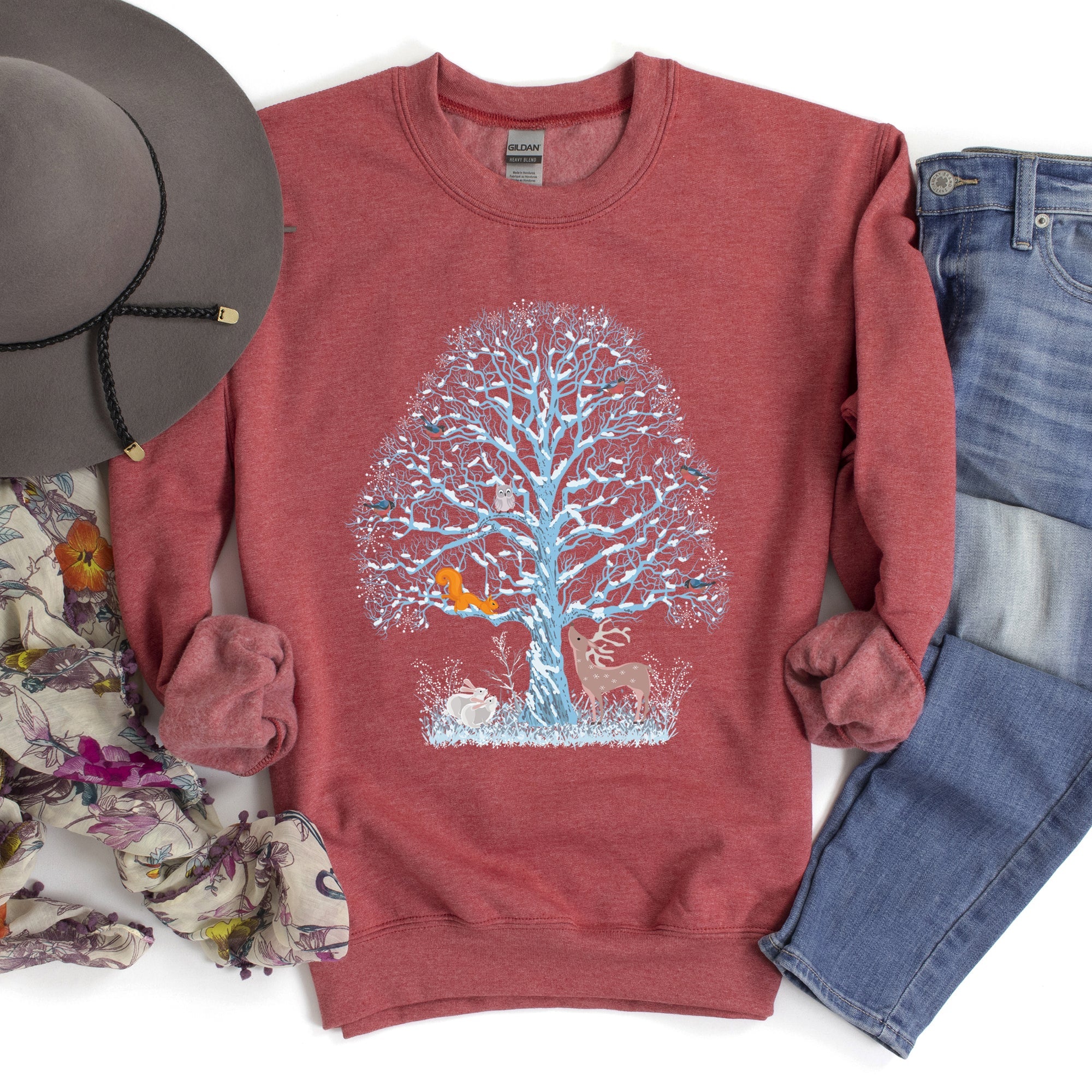 Winter Tree Filled With Animals Christmas Wildlife Woodland Scene Cozy Sweatshirt