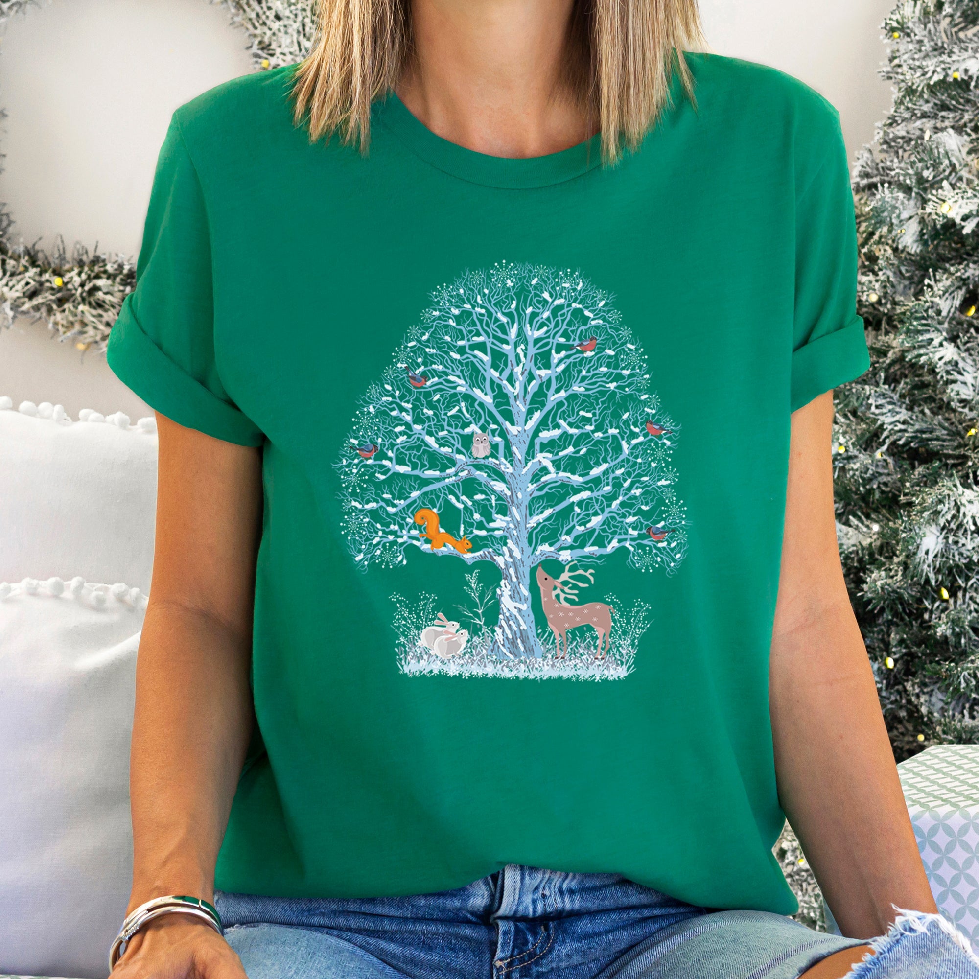 Winter Tree Filled With Animals Christmas Deer Owl Forest Wildlife Edition Graphic Tee