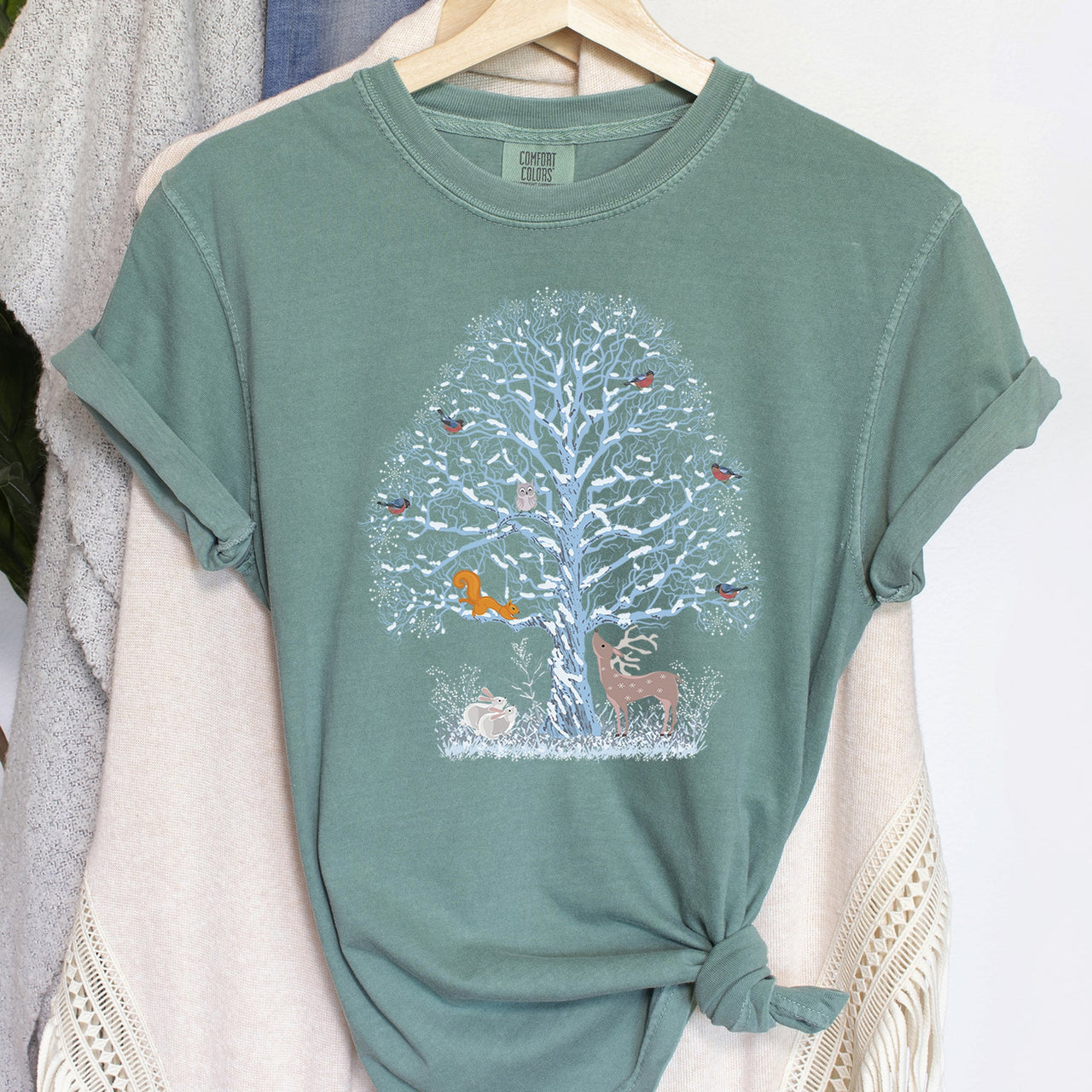 Winter Tree Filled With Animals, Christmas, Deer, Owl Illustration Comfort Colors Tee
