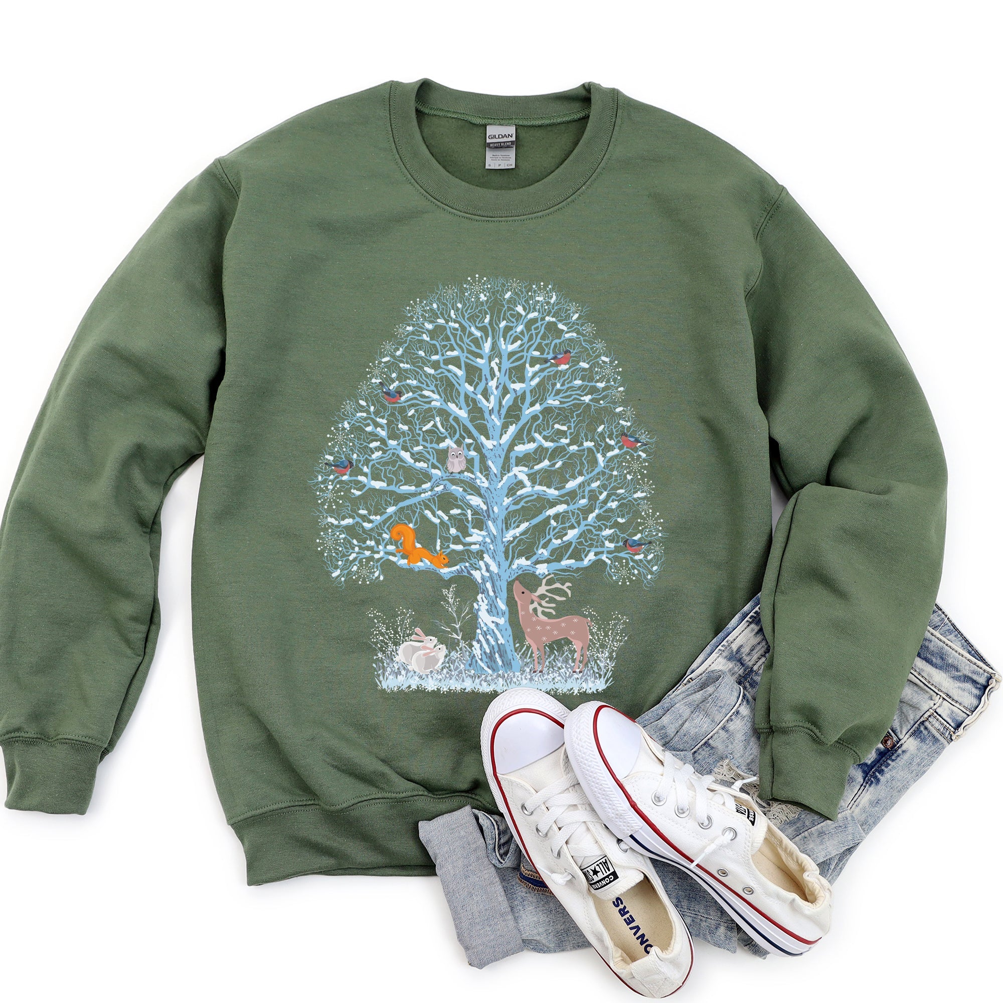 Winter Tree Filled With Animals Christmas Wildlife Woodland Scene Cozy Sweatshirt