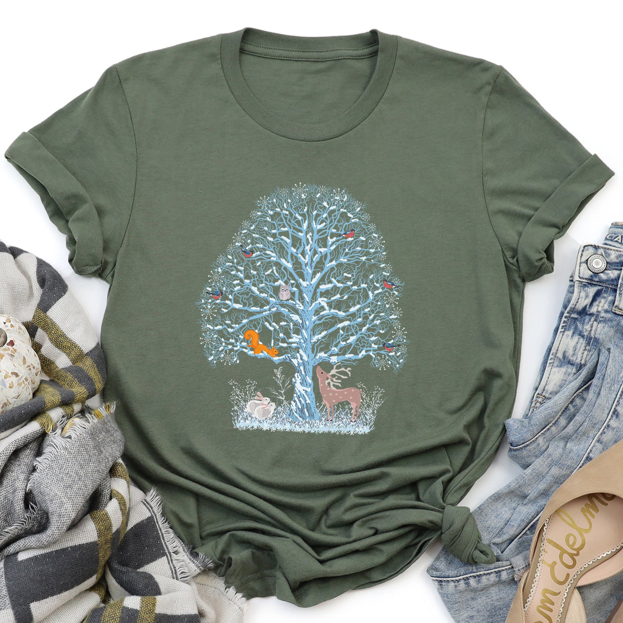 Winter Tree Filled With Animals Christmas Deer Owl Forest Wildlife Edition Graphic Tee