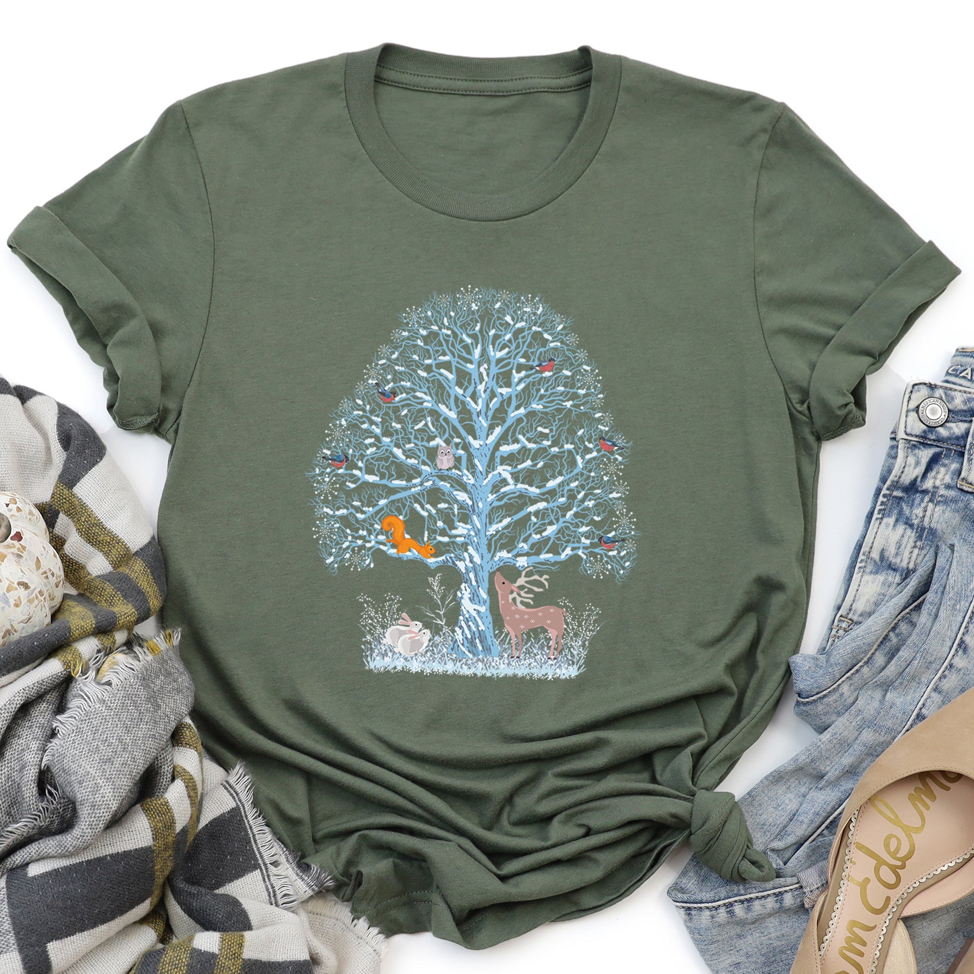 Winter Tree Filled With Animals Christmas Deer Owl Forest Wildlife Edition Graphic Tee