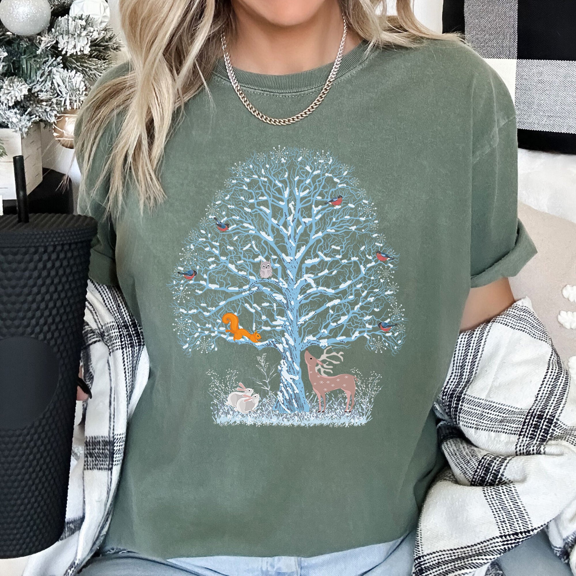 Winter Tree Filled With Animals, Christmas, Deer, Owl Illustration Comfort Colors Tee