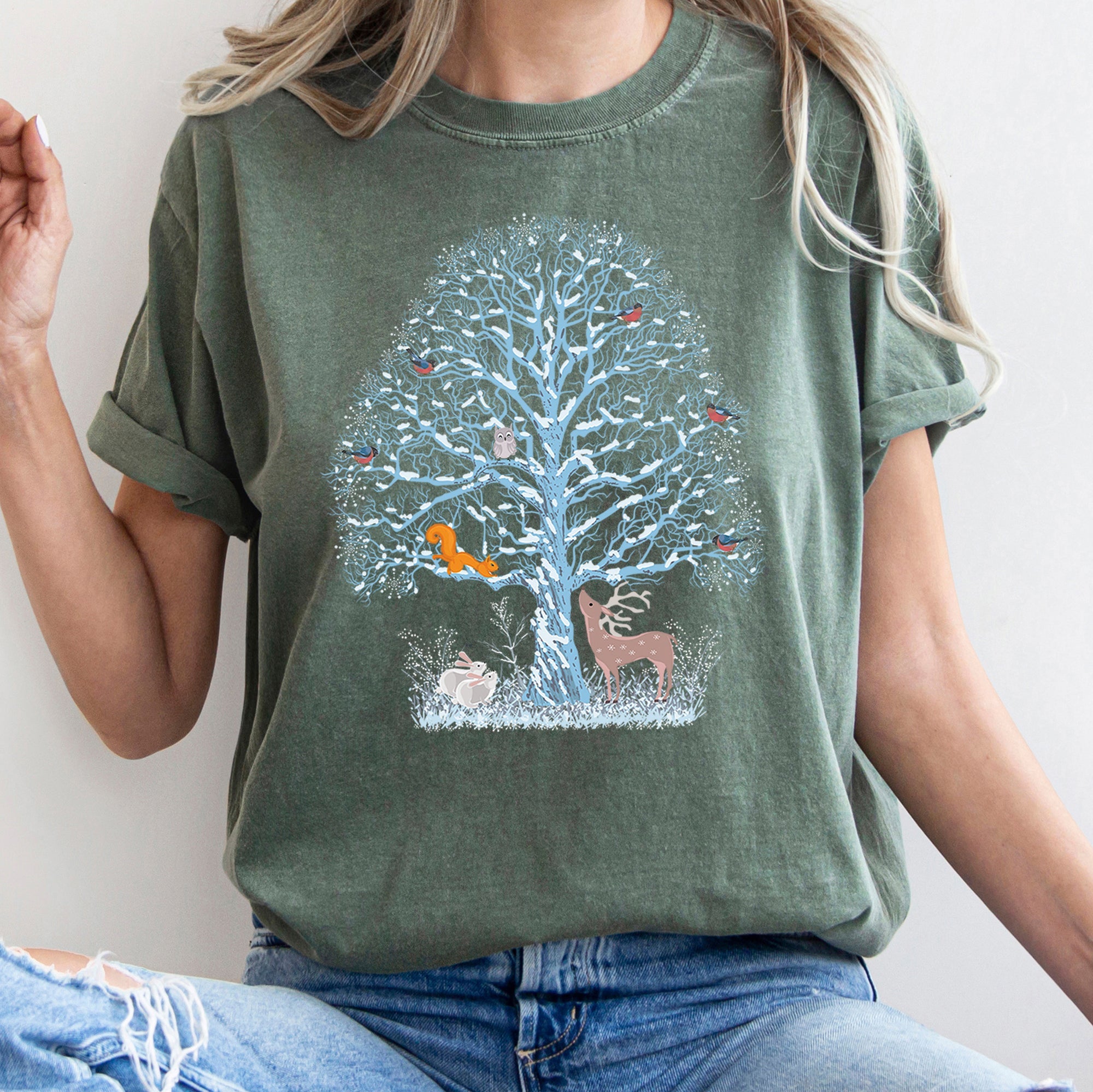 Winter Tree Filled With Animals, Christmas, Deer, Owl Illustration Comfort Colors Tee