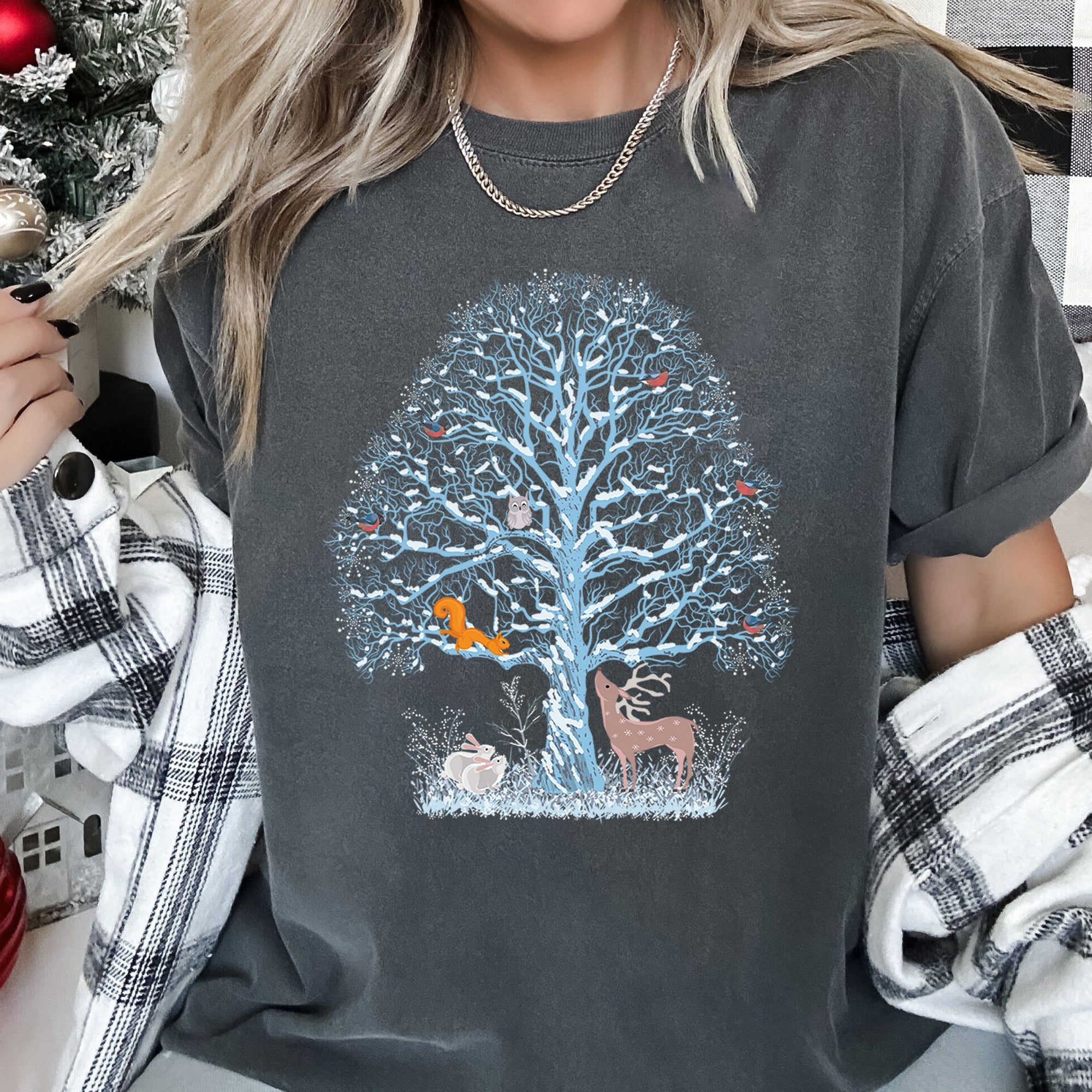 Winter Tree Filled With Animals, Christmas, Deer, Owl Illustration Comfort Colors Tee