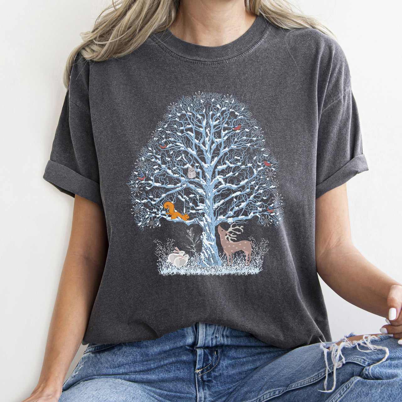 Winter Tree Filled With Animals, Christmas, Deer, Owl Illustration Comfort Colors Tee