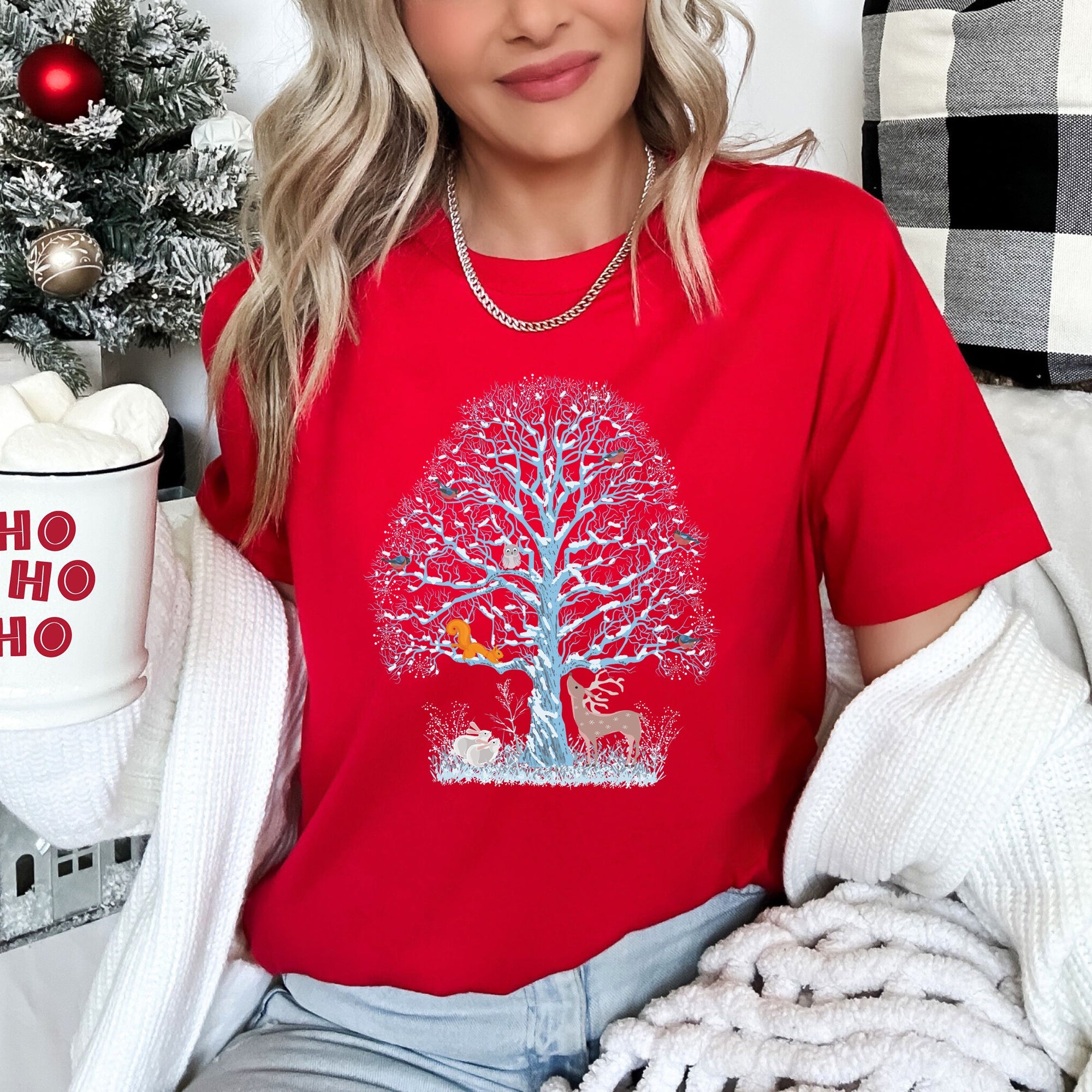Winter Tree Filled With Animals Christmas Deer Owl Forest Wildlife Edition Graphic Tee