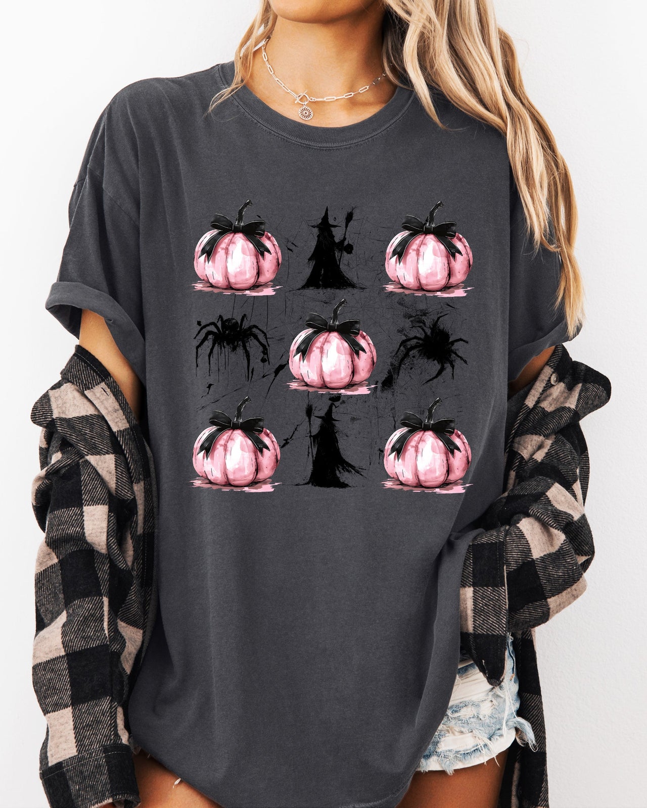 Witch Spiders Pumpkins Spooky Coquette Ribbons and Bows Halloween Comfort Colors Tee
