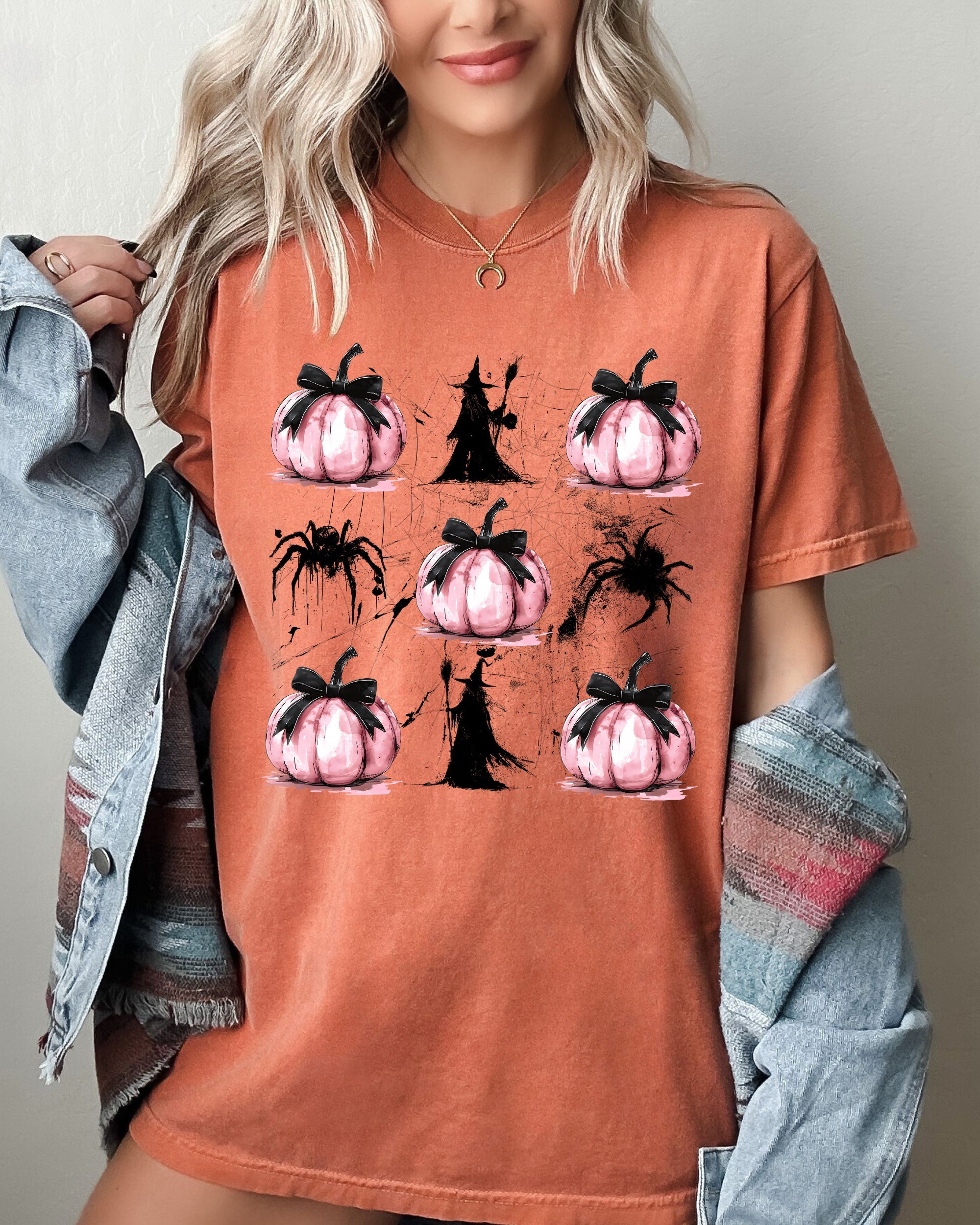 Witch Spiders Pumpkins Spooky Coquette Ribbons and Bows Halloween Comfort Colors Tee