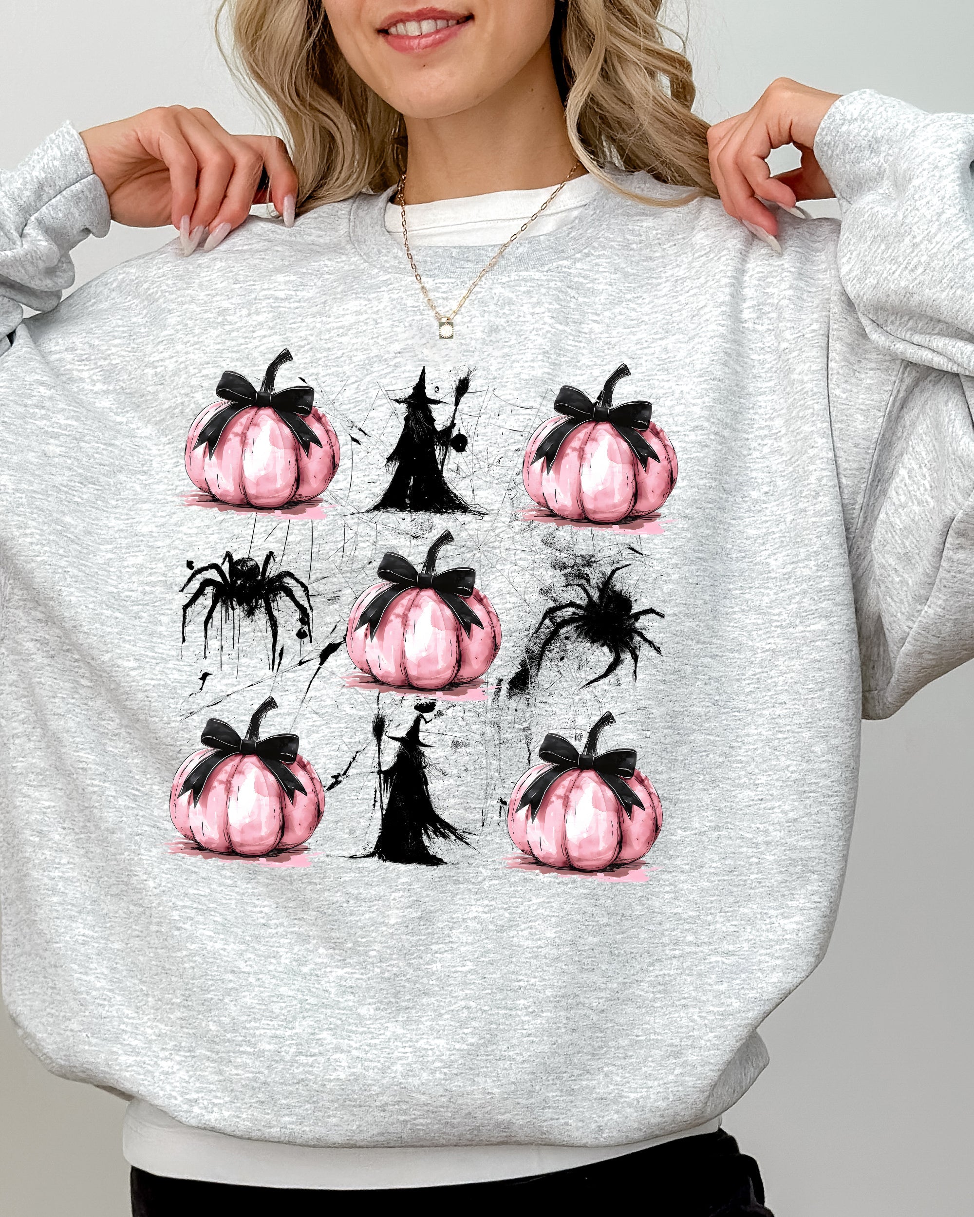 Witch Spiders Pumpkins Spooky Coquette Ribbons and Bows Halloween Autumn Sweatshirt