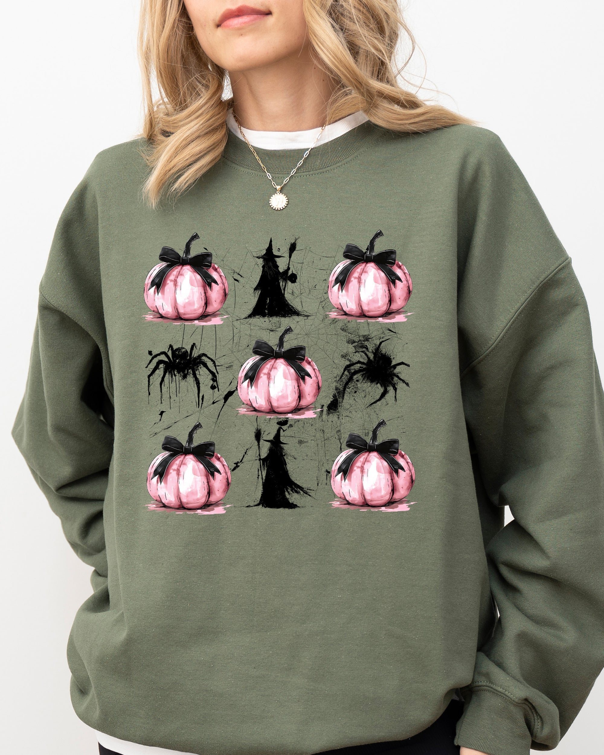 Witch Spiders Pumpkins Spooky Coquette Ribbons and Bows Halloween Autumn Sweatshirt