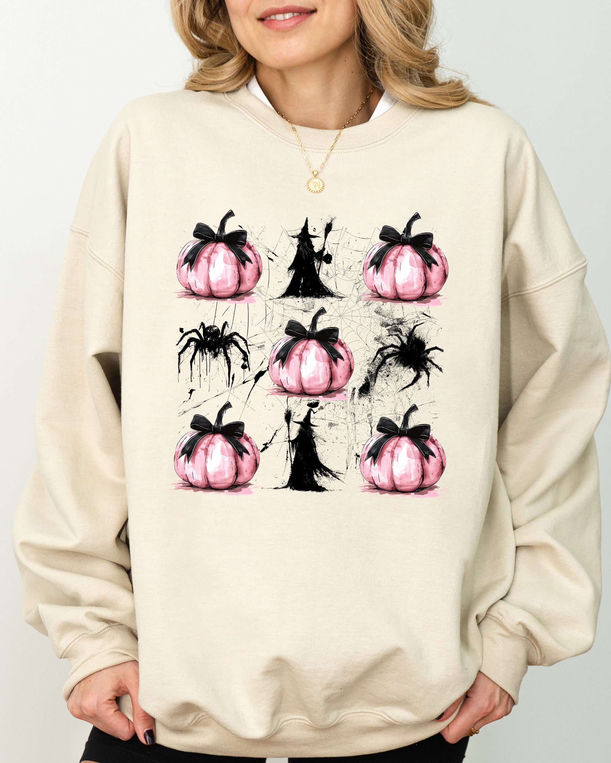 Witch Spiders Pumpkins Spooky Coquette Ribbons and Bows Halloween Autumn Sweatshirt