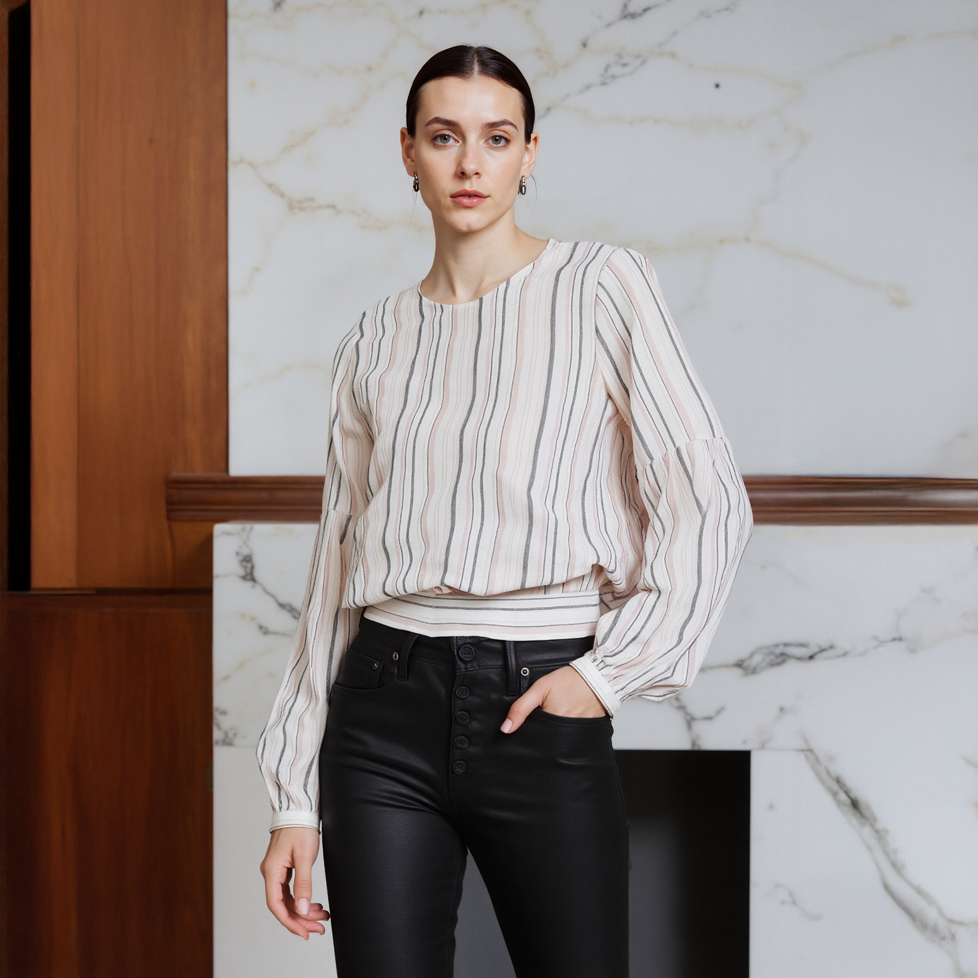 Women's Tie Back Long Sleeve Top in Ecru-multi
