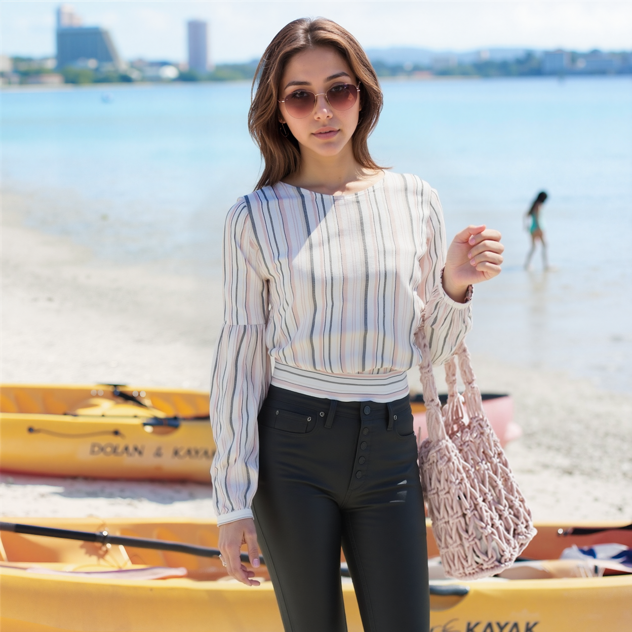 Women's Tie Back Long Sleeve Top in Ecru-multi