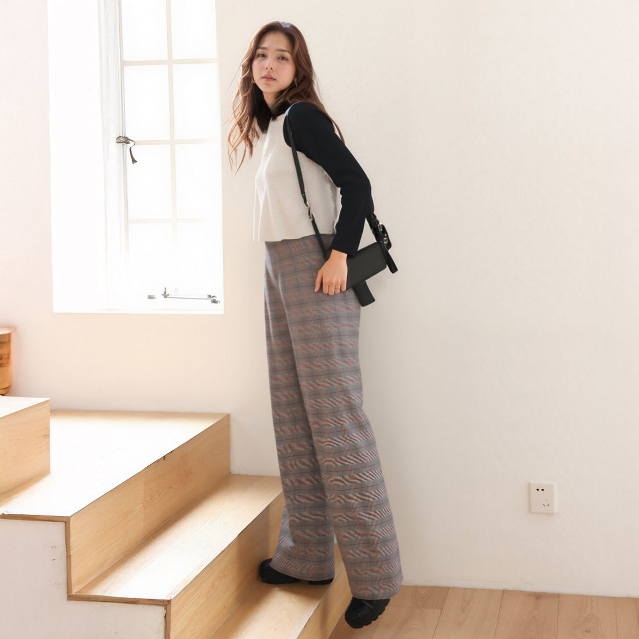 Women's Multi Glen Plaid High Waist Wide Leg Pants In Grey Plaid