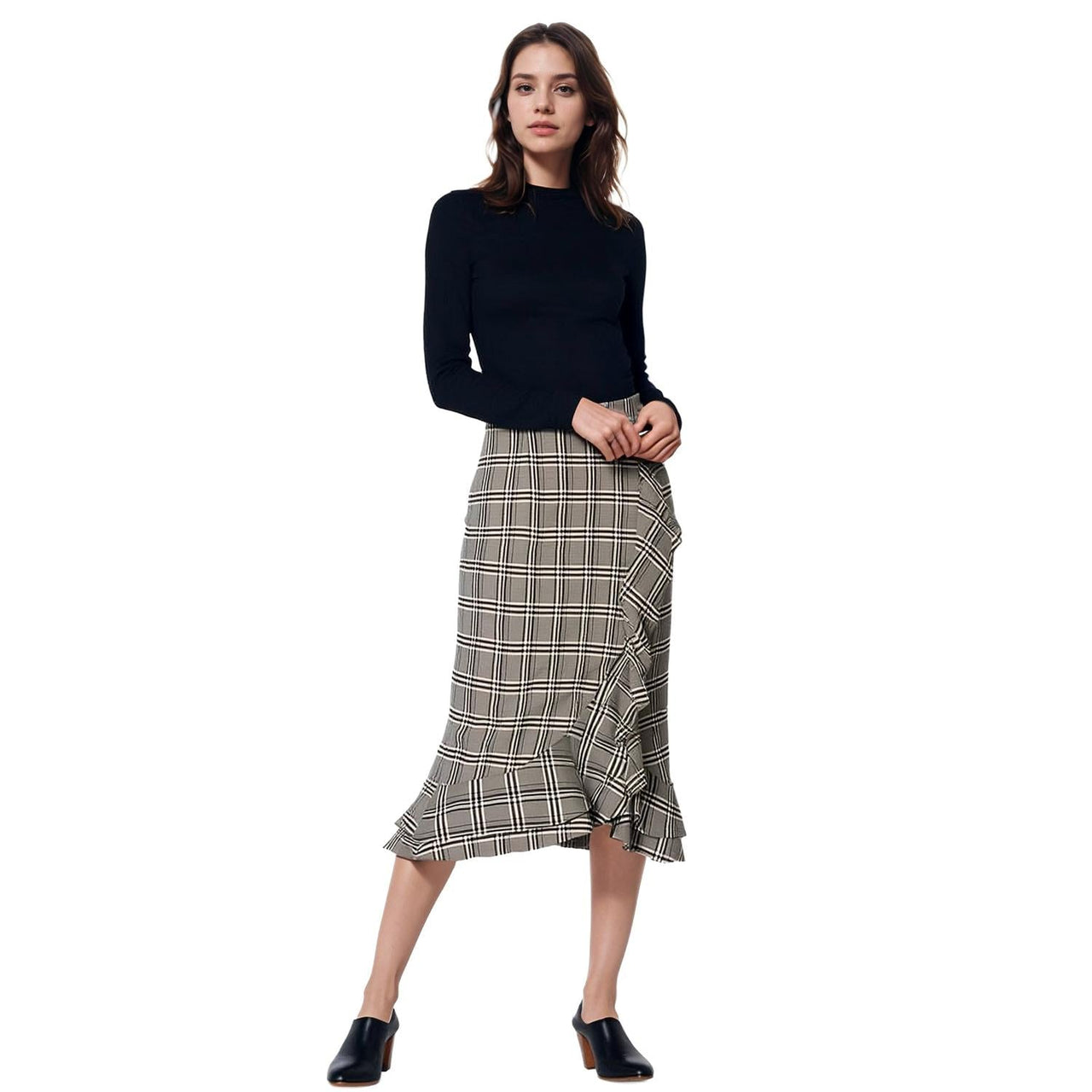 Pleione Women's Ruffle Trimmed Pencil Skirt in Black Plaid