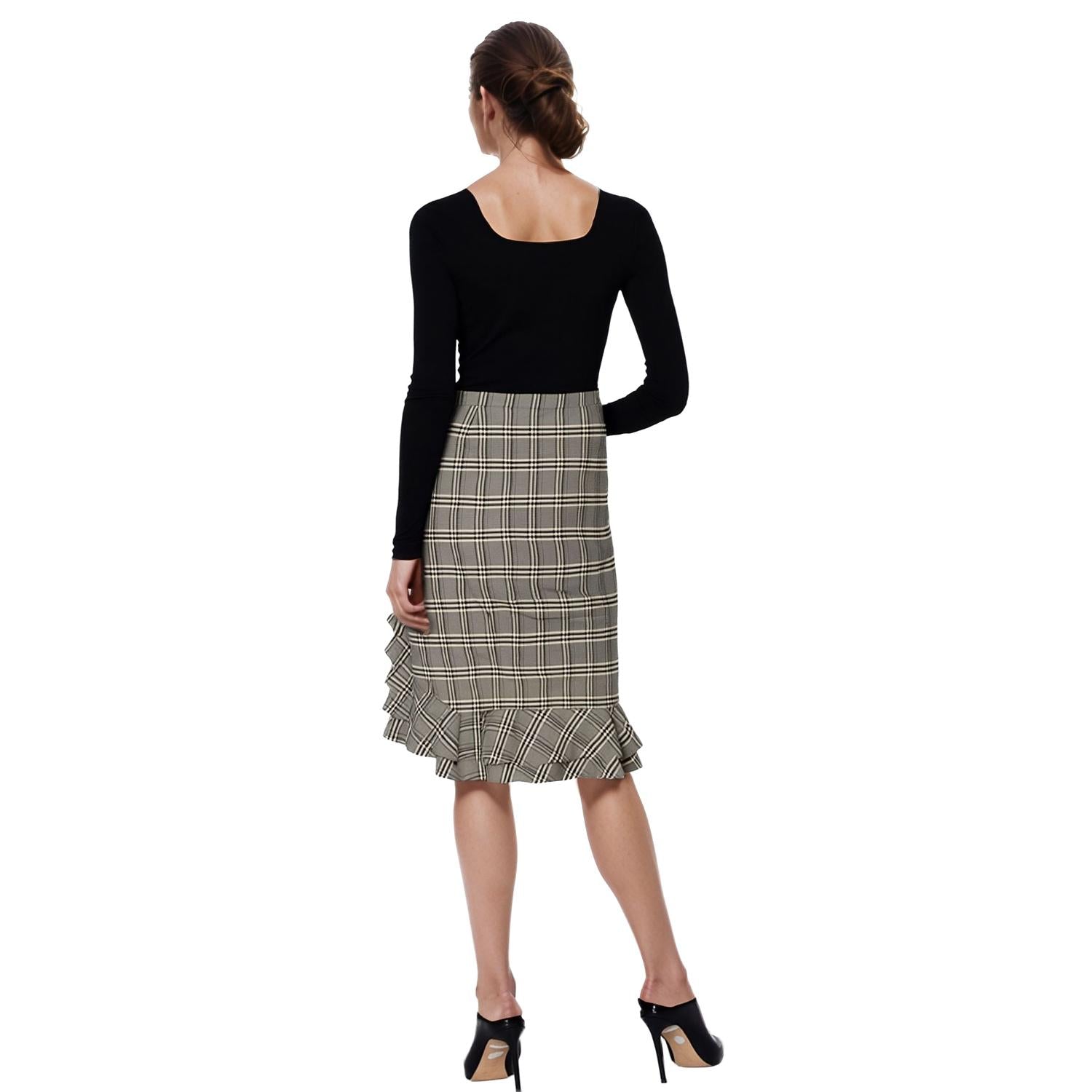 Pleione Women's Ruffle Trimmed Pencil Skirt in Black Plaid