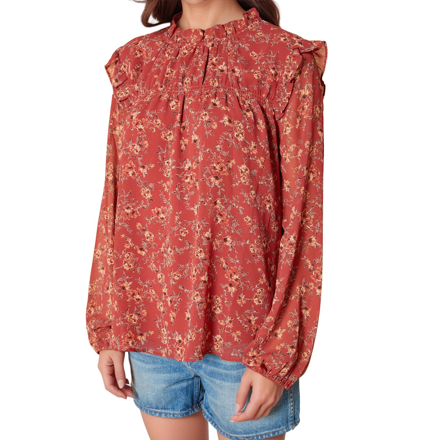 Pleione Long Sleeve Ruffle Blouse Top in Rust Floral