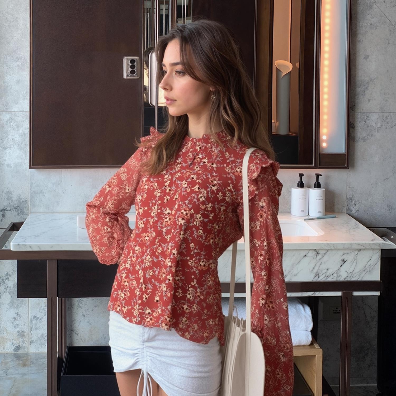 Pleione Long Sleeve Ruffle Blouse Top in Rust Floral