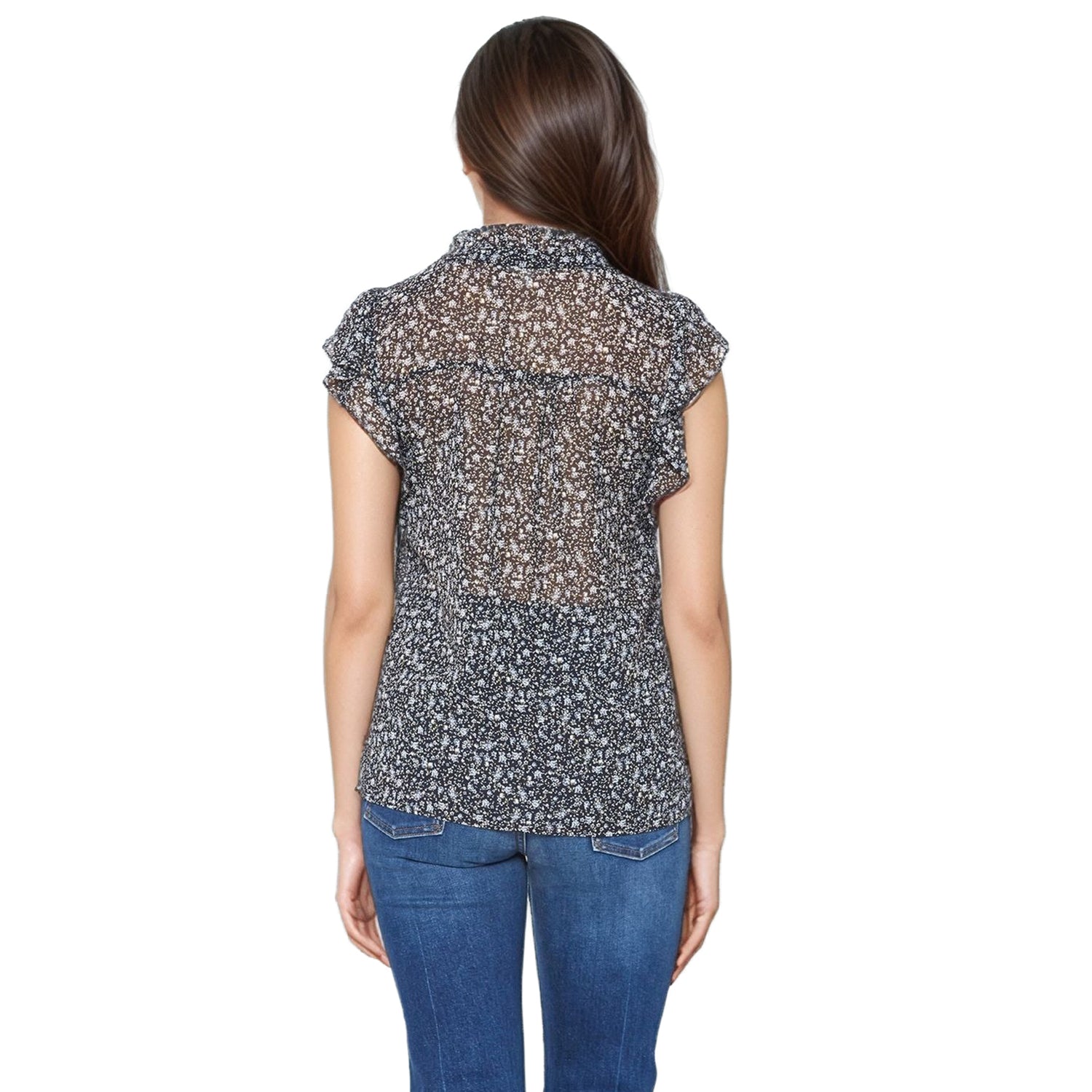 Pleione Women's Sheer Ruffle Button Front Blouse