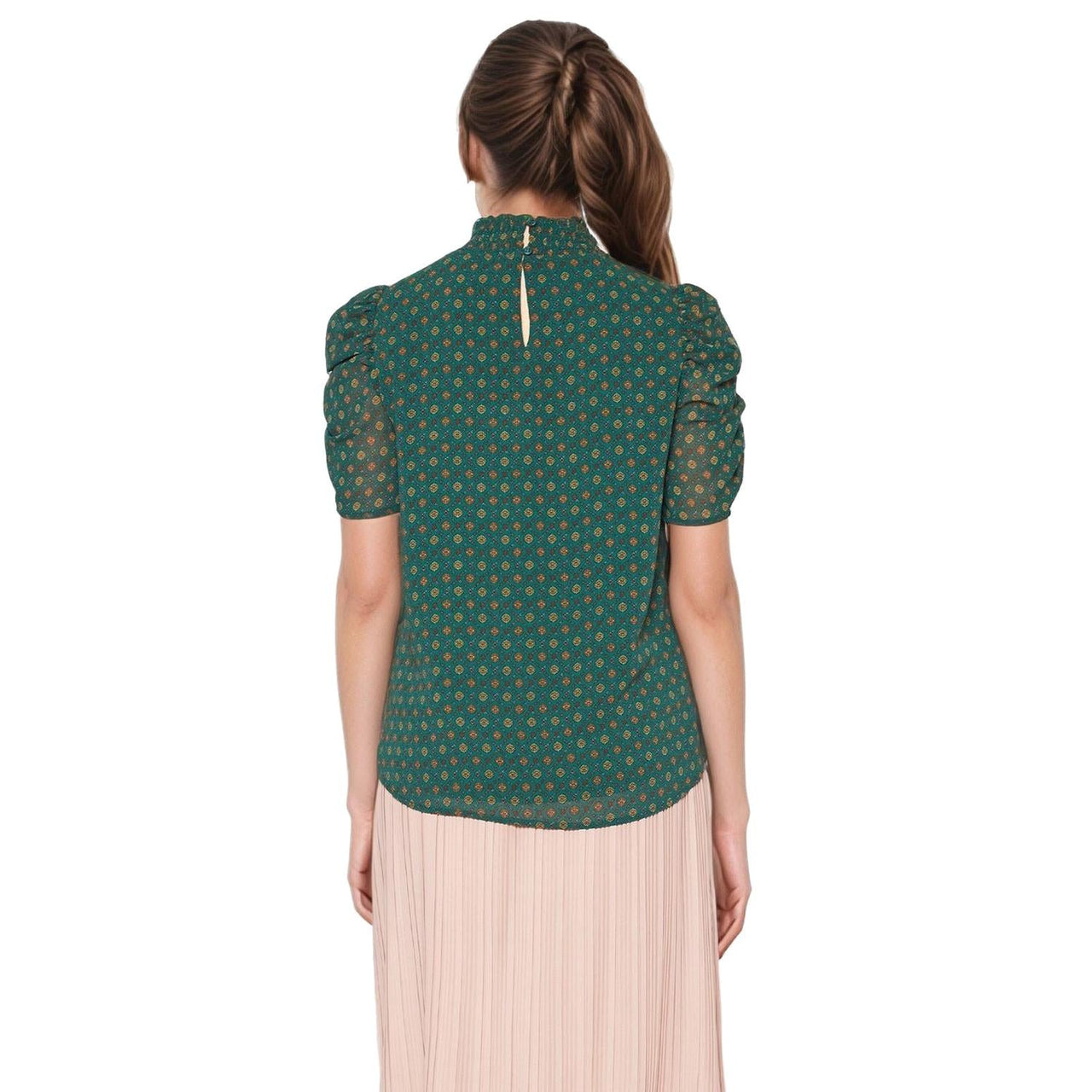 Pleione Women'Ruched Short Sleeve Smocked Mock Neck Top