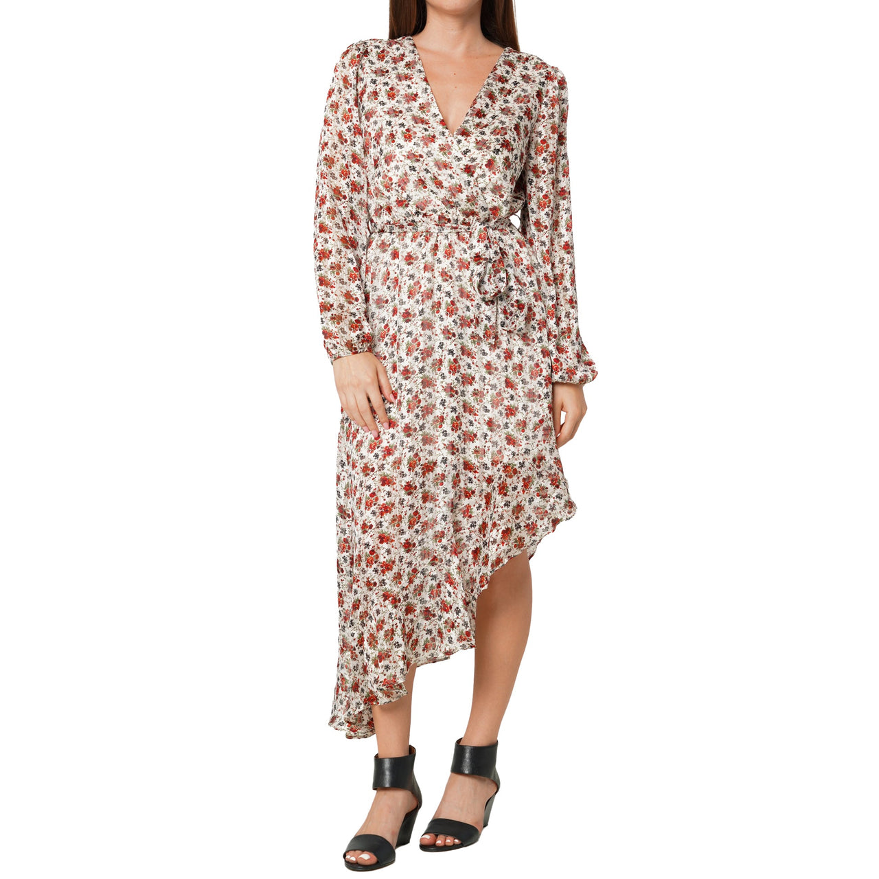 Women's Floral Asymmetrical Ruffle Hem Wrap Dress In Victoria Garden