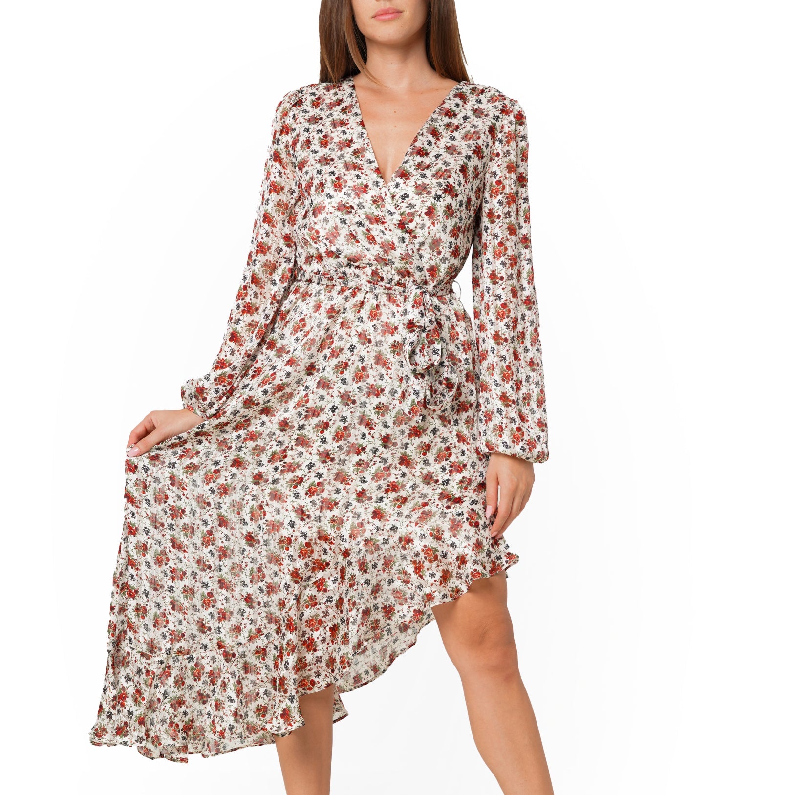 Women's Floral Asymmetrical Ruffle Hem Wrap Dress In Victoria Garden