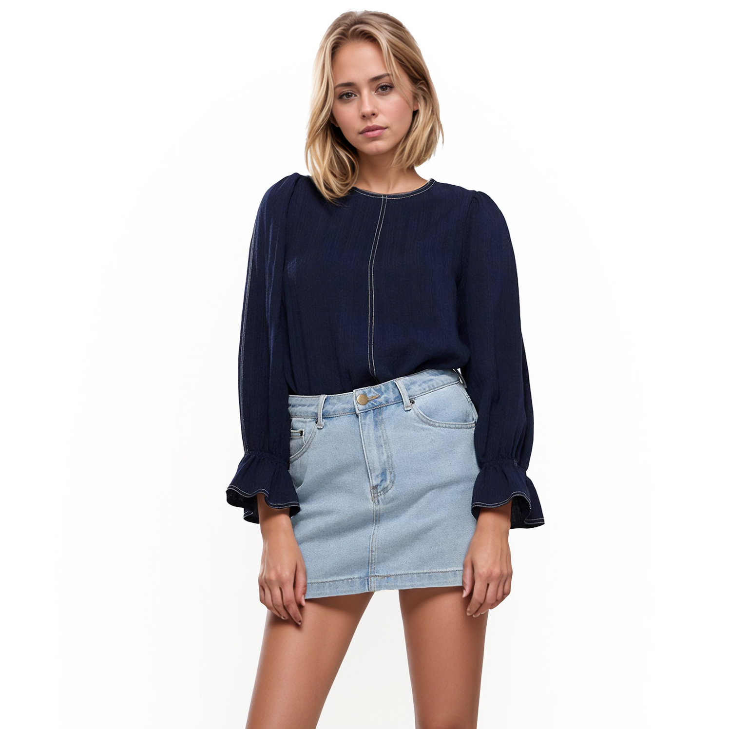 Women's Stitch Accent Puff Shoulder Bell Cuff Top in Navy