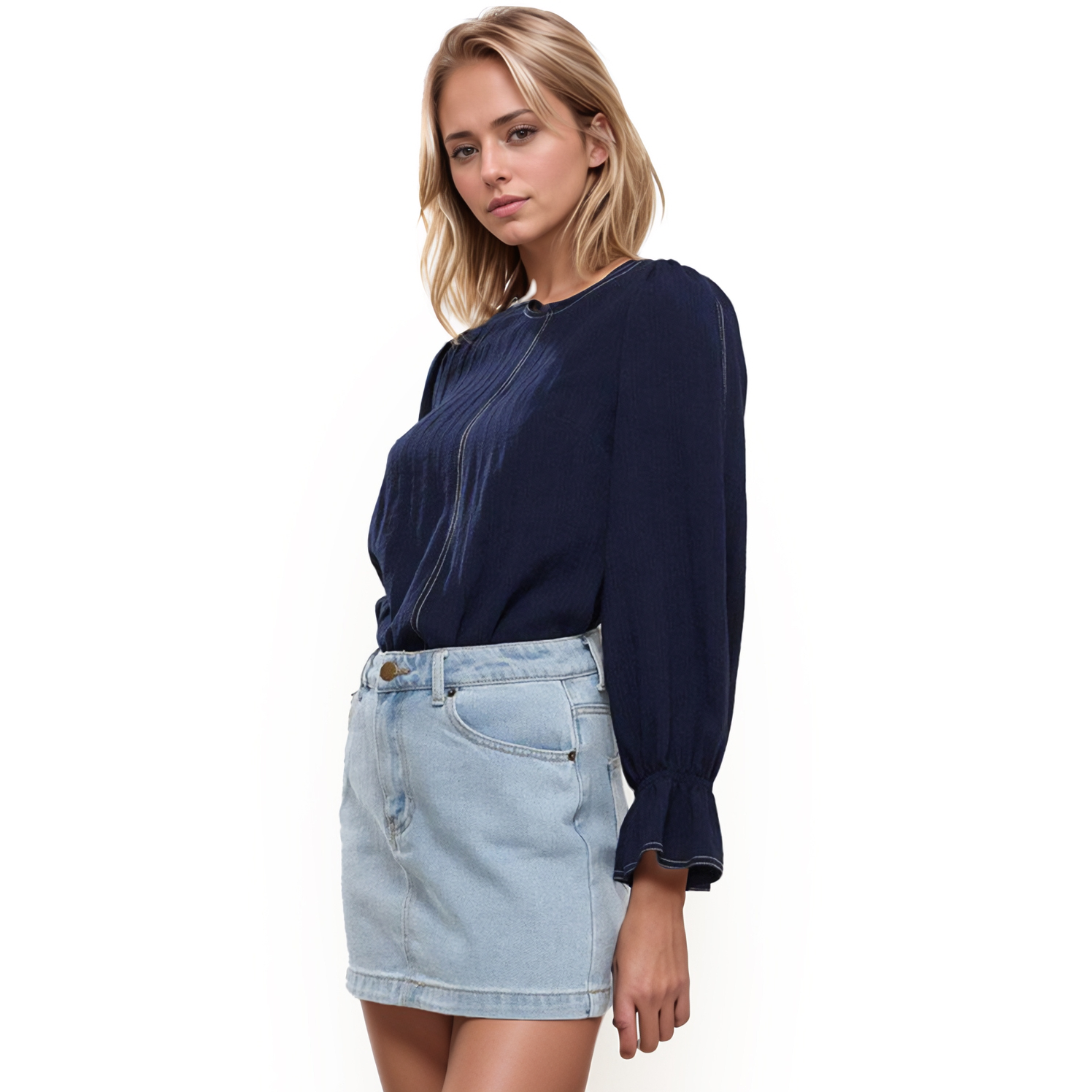 Women's Stitch Accent Puff Shoulder Bell Cuff Top in Navy