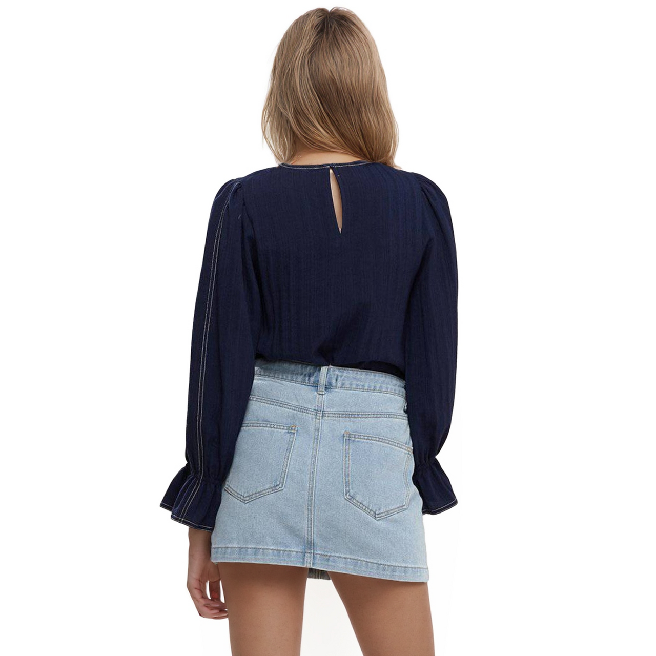 Women's Stitch Accent Puff Shoulder Bell Cuff Top in Navy