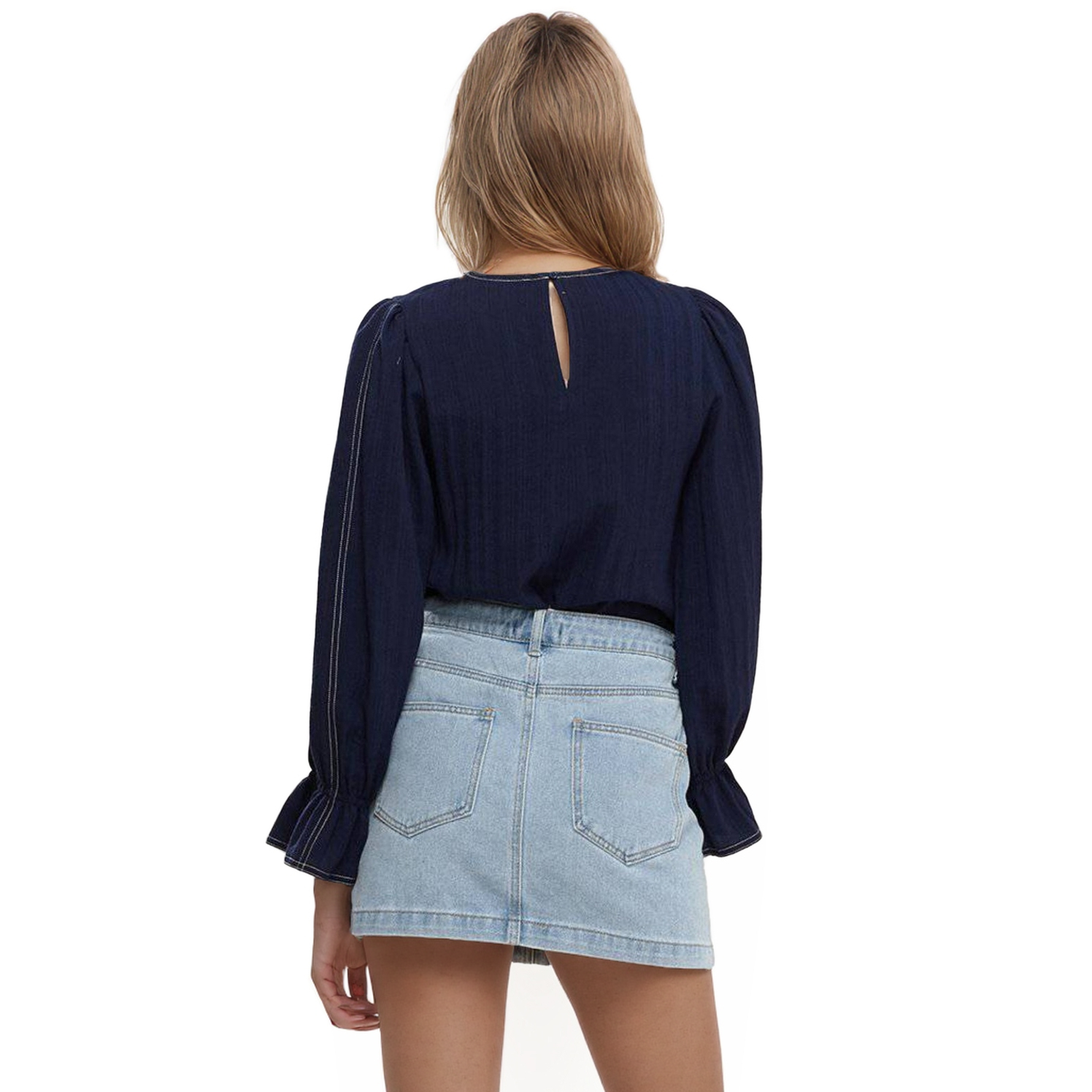 Women's Stitch Accent Puff Shoulder Bell Cuff Top in Navy