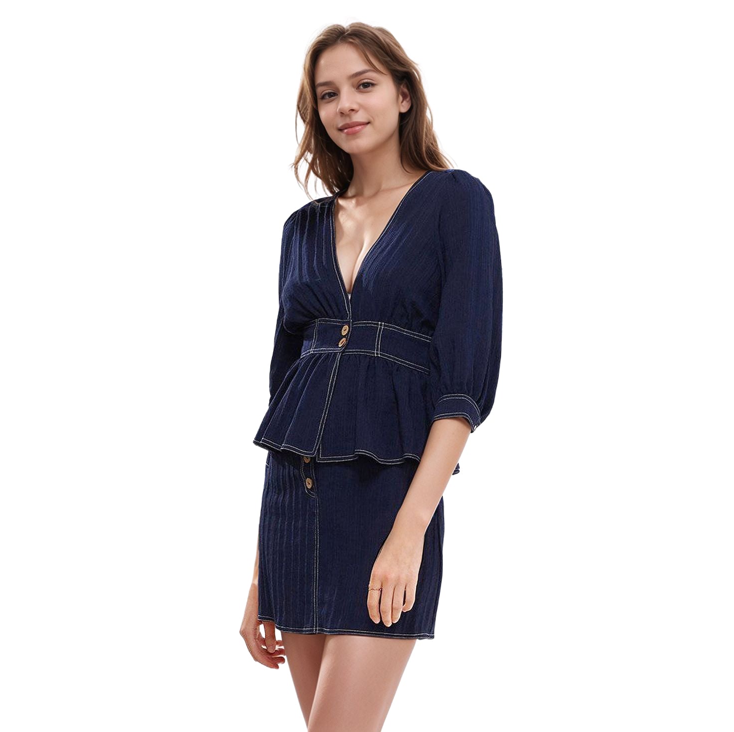 Women's Bishop Shoulder Button Front Peplum Top in Navy