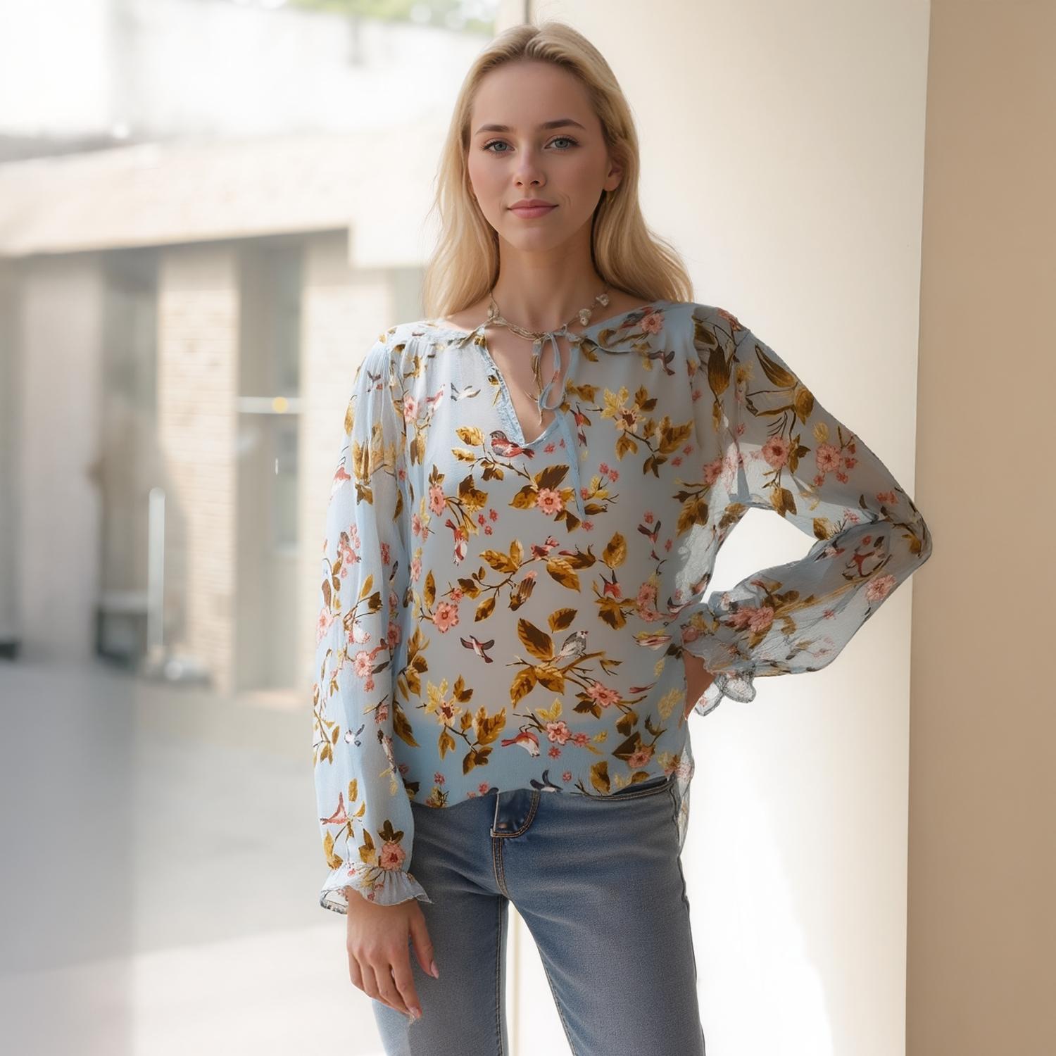 Pleione Ruffle Tie Neck Floral Blouse In Blue