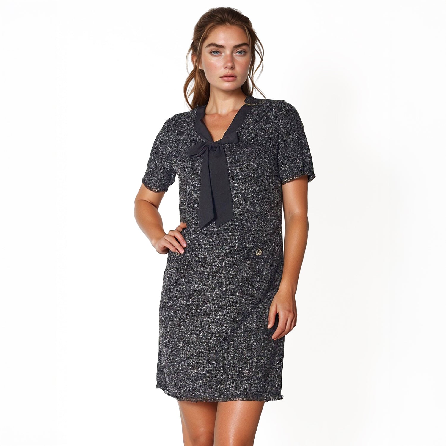 Pleione Women's Bow Front Mini Dress in Black