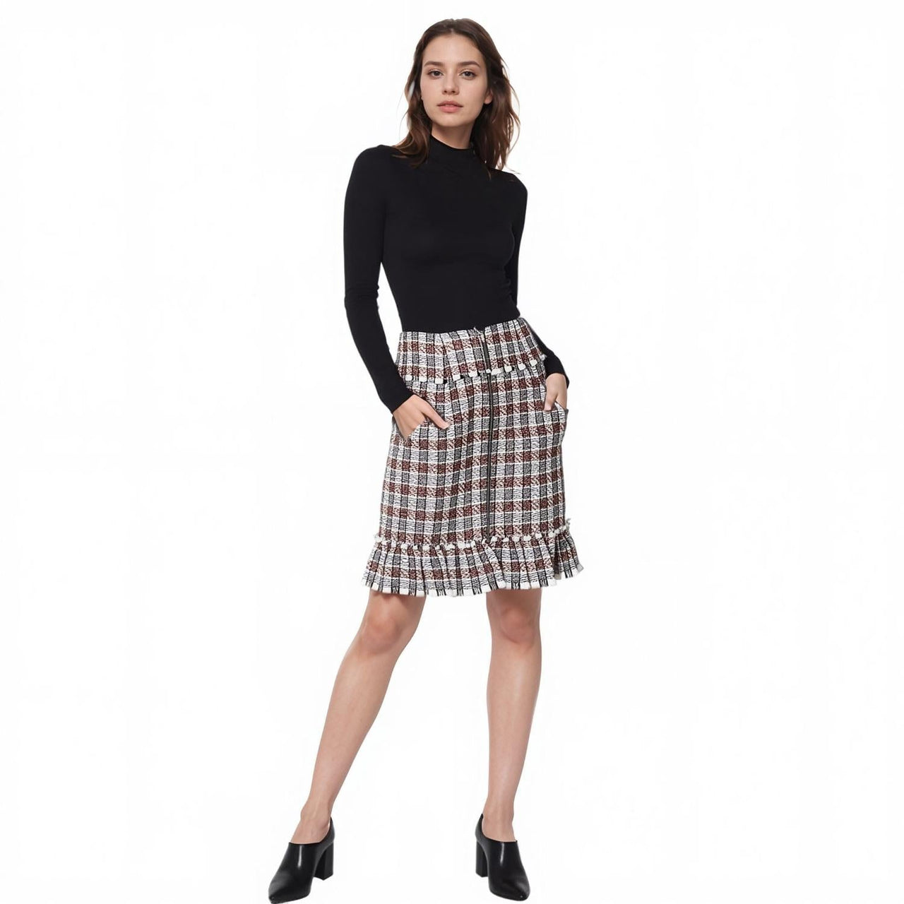 Pleione Women's Plaid Tweed Zipper Front Skirt in Black Red Tweed