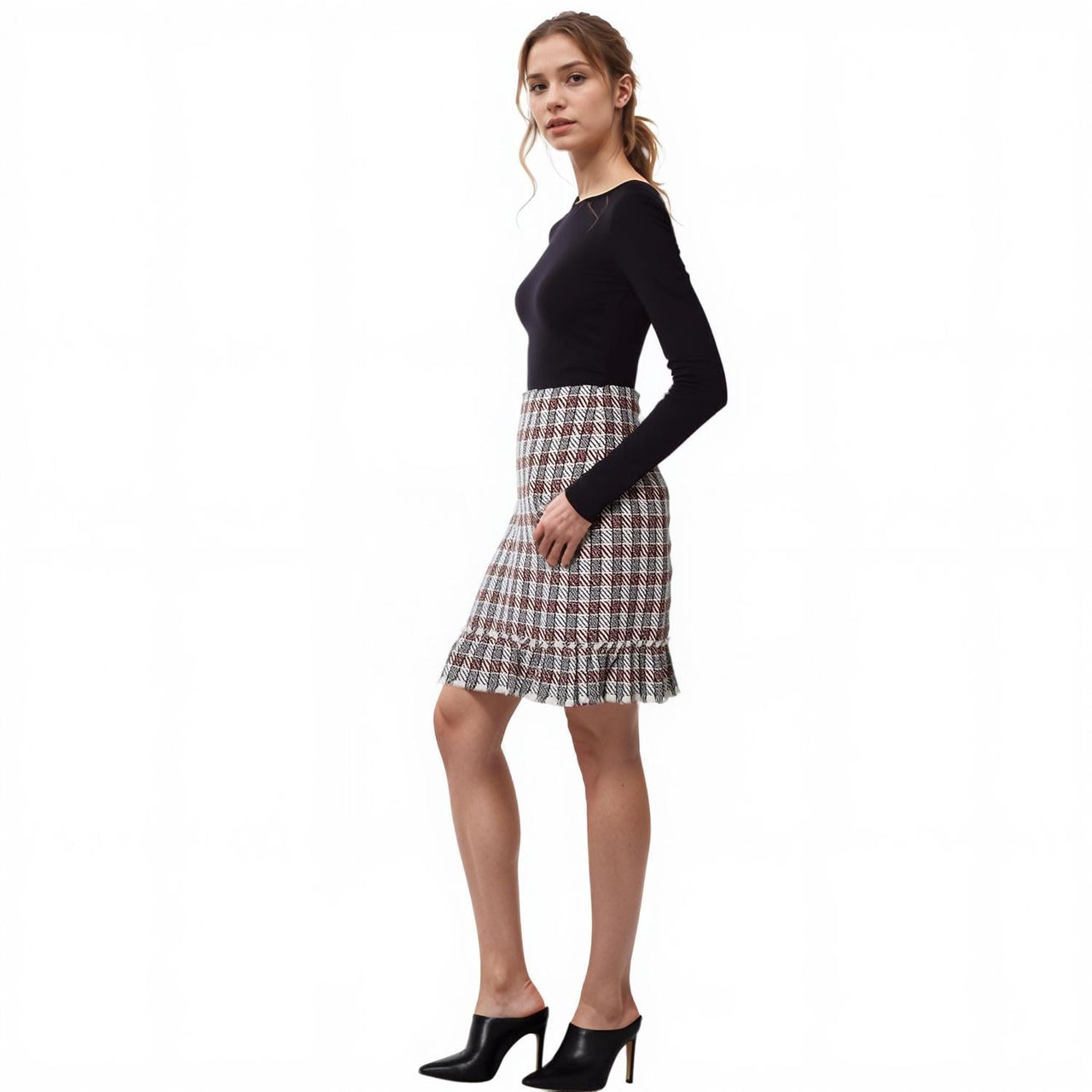 Pleione Women's Plaid Tweed Zipper Front Skirt in Black Red Tweed