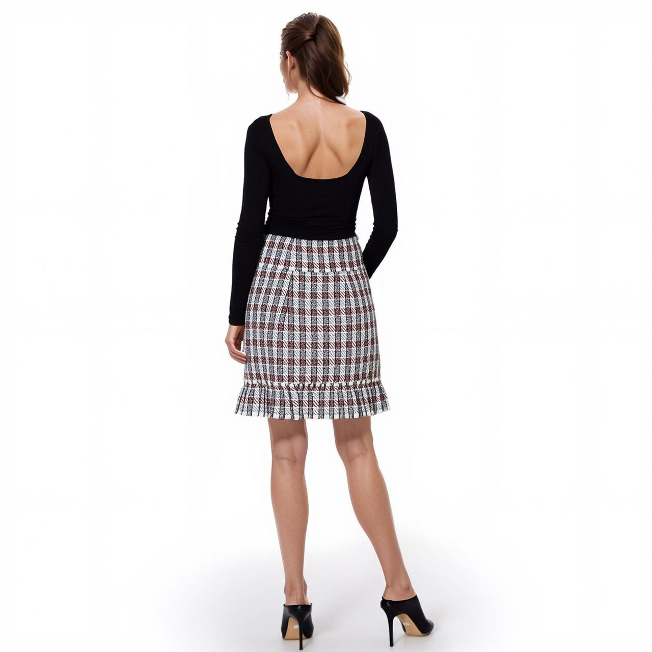 Pleione Women's Plaid Tweed Zipper Front Skirt in Black Red Tweed