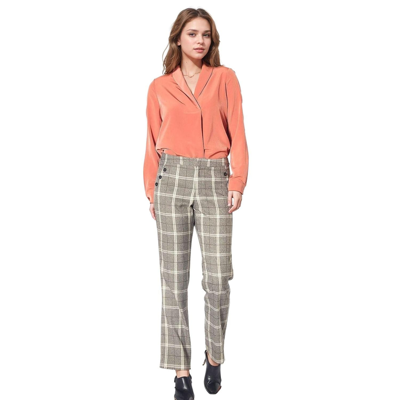Pleione Women's Suiting Straight Pants in Mocha Plaid