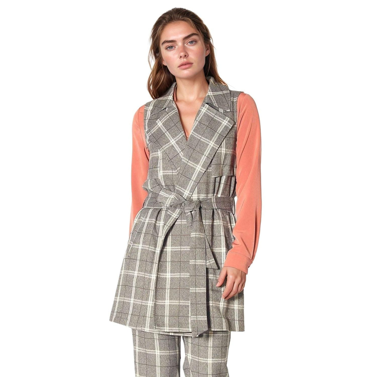 Pleione Women's Sleeveless Tie Waist Vest in Mocha Plaid