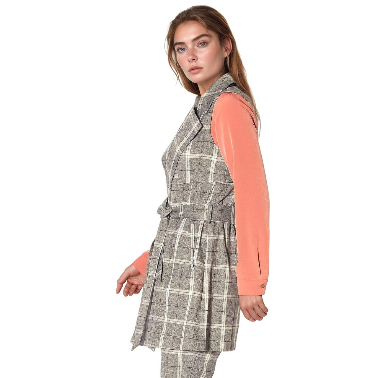 Pleione Women's Sleeveless Tie Waist Vest in Mocha Plaid