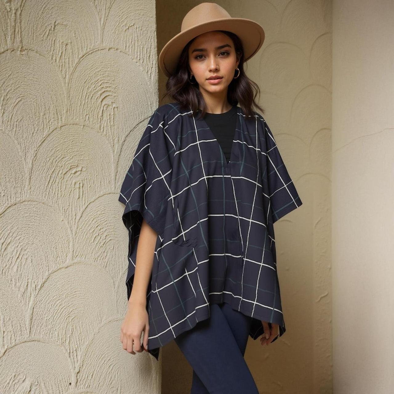 Pleione Women's Plaid Oversized Poncho Cardigan in Navy Plaid