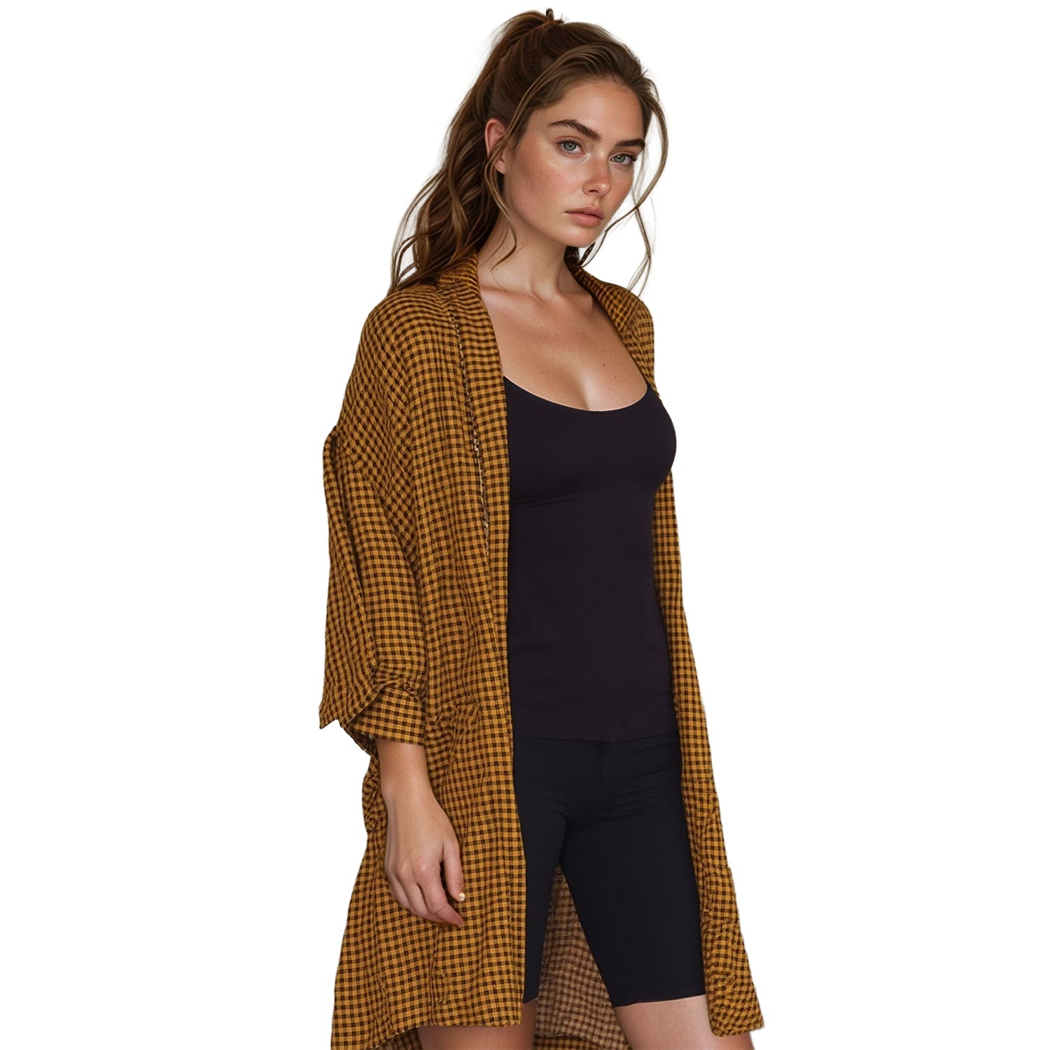 Pleione Gingham Kimono Cardigan in Mustard Checker
