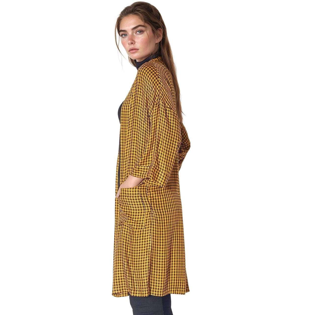 Pleione Gingham Kimono Cardigan in Mustard Checker