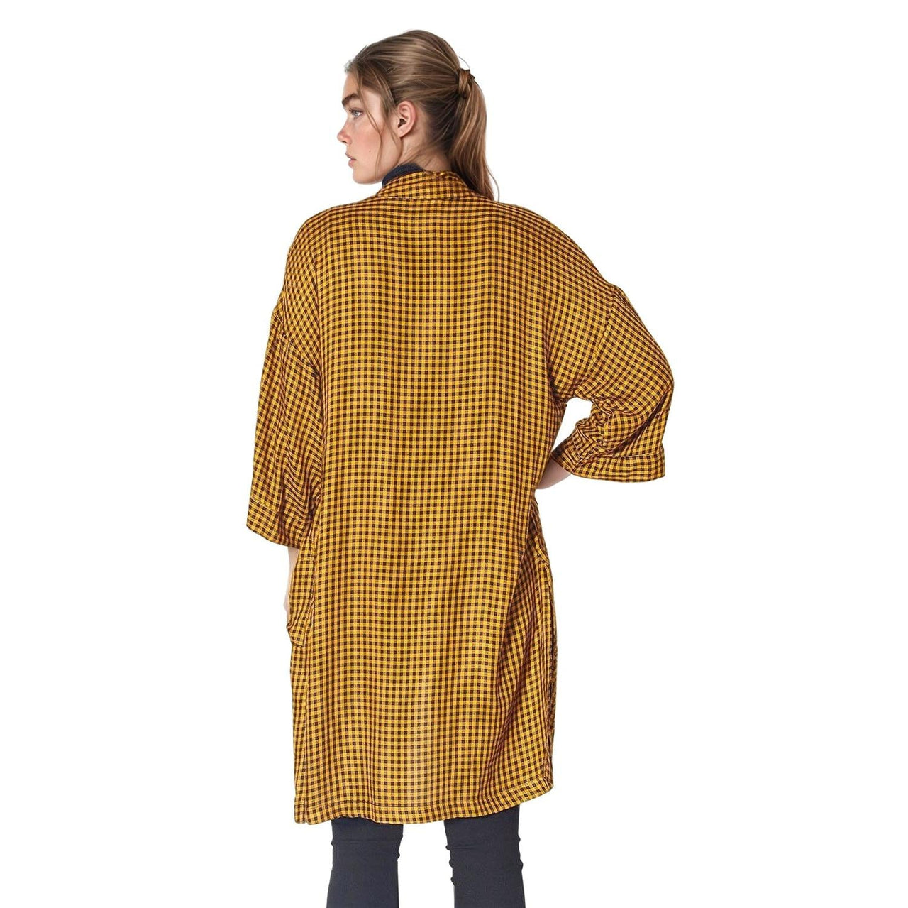Pleione Gingham Kimono Cardigan in Mustard Checker