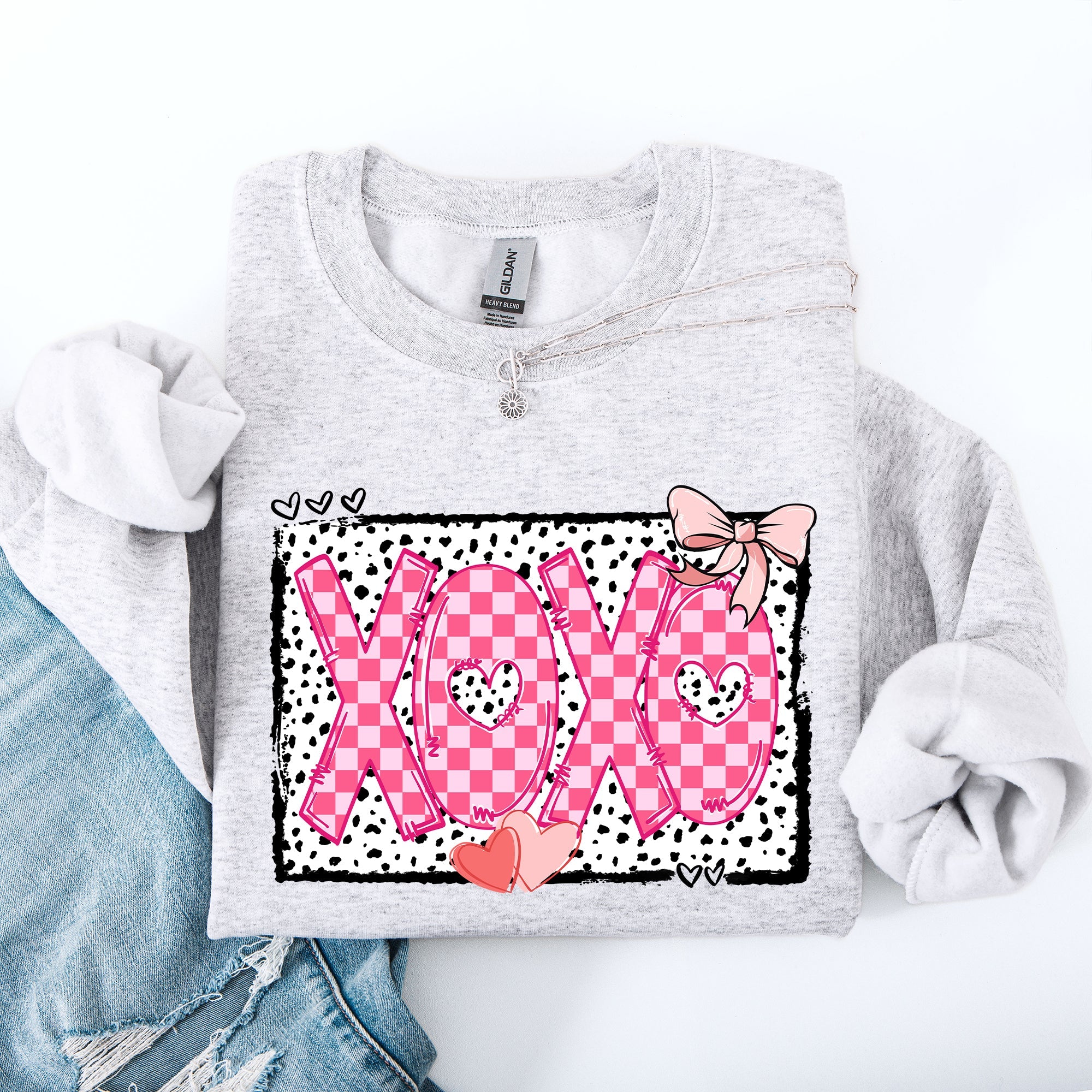 XOXO Valentine's Day Dalmatian Print Love Hearts Chic Cozy Fleece Wearable Artwork Sweatshirt